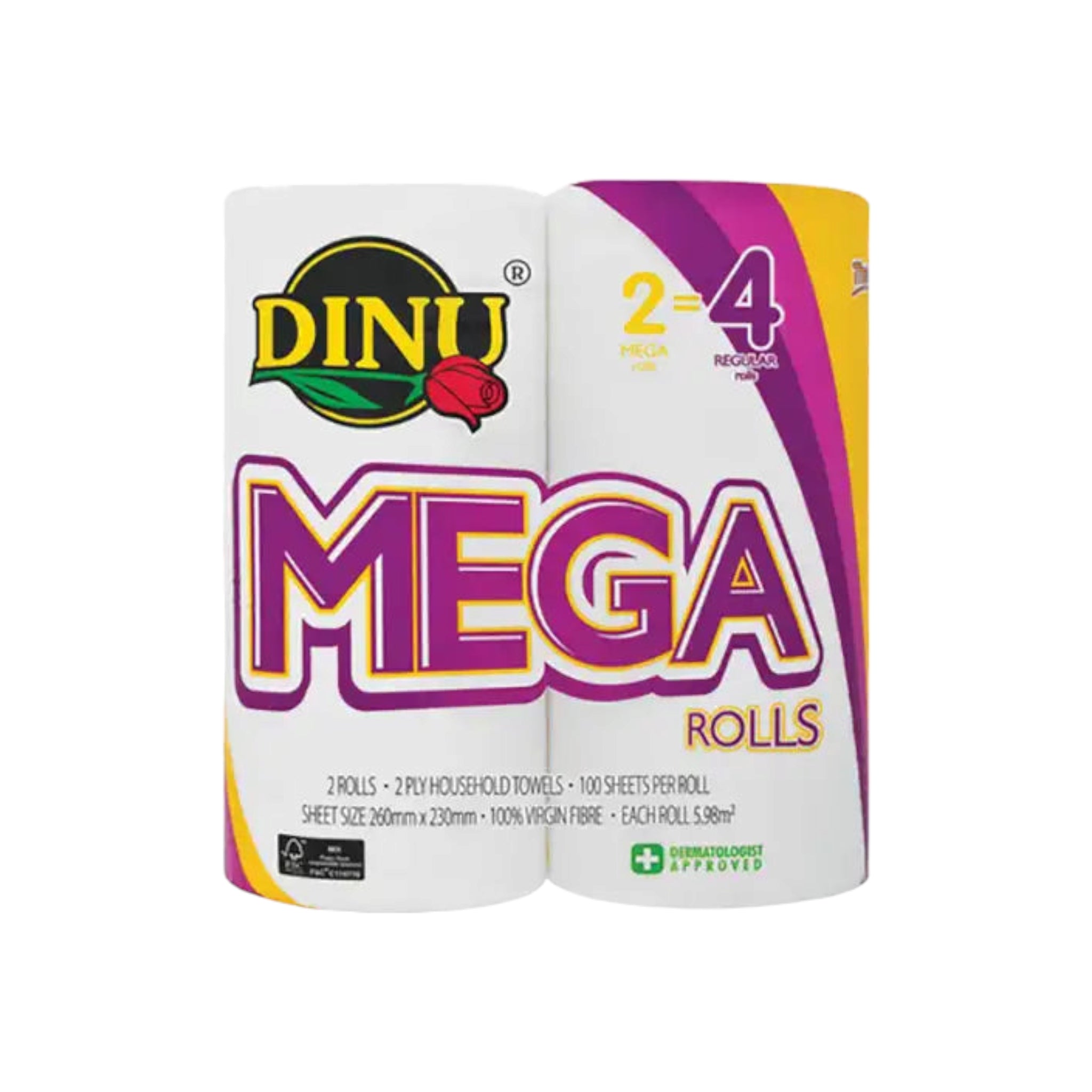 Dinu Mega Kitchen Towel White 260x220mm 100-Sheets per roll 2pack