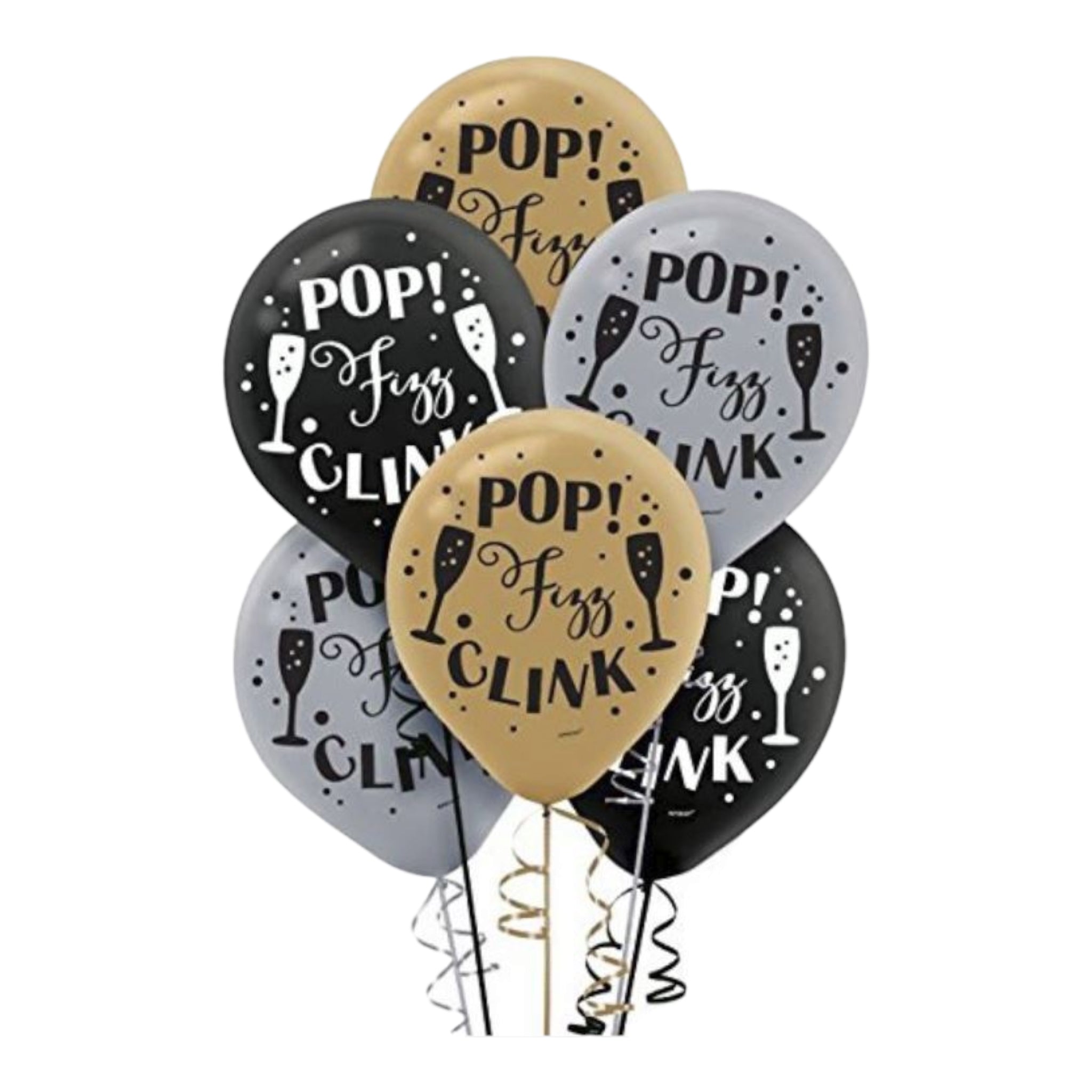 Foil Pop-Fizz-Clink Party Latex Balloons 6pack