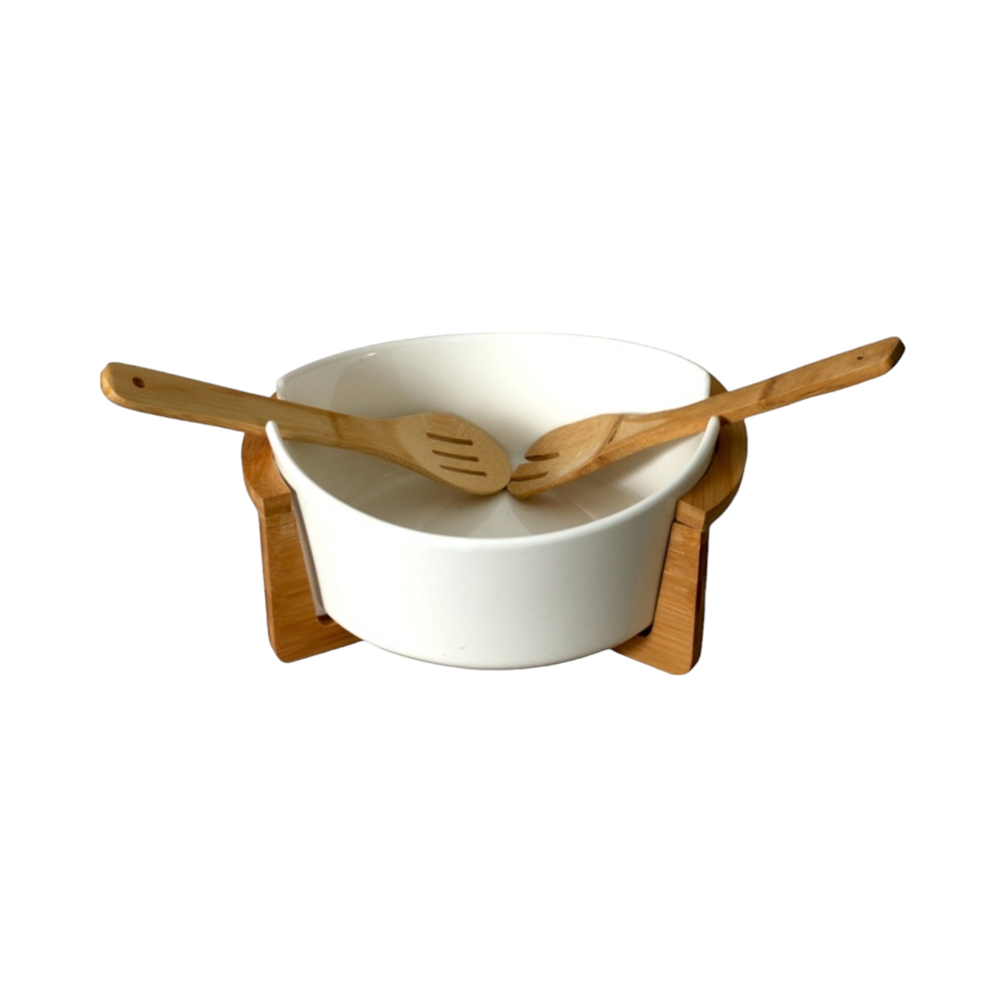 Cera Salad Bowl White Round Wooden Stand 28x12cm