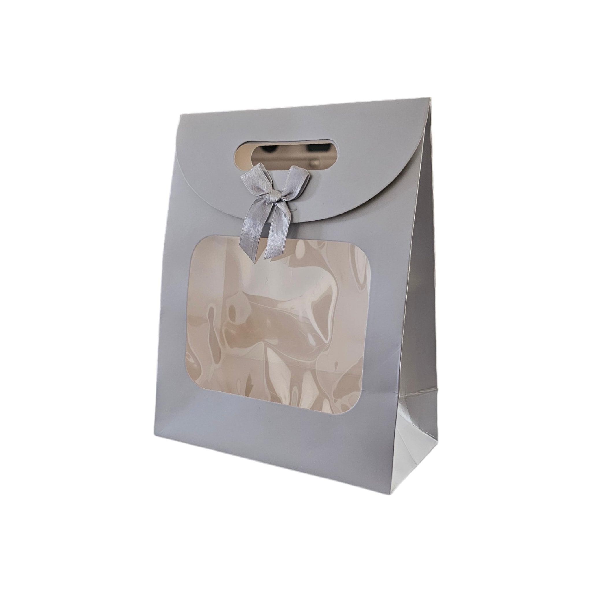 Gift Bag Die Cut Handle 24x19x9cm with Bow Ribbon and Clear PVC Front Window 1pc