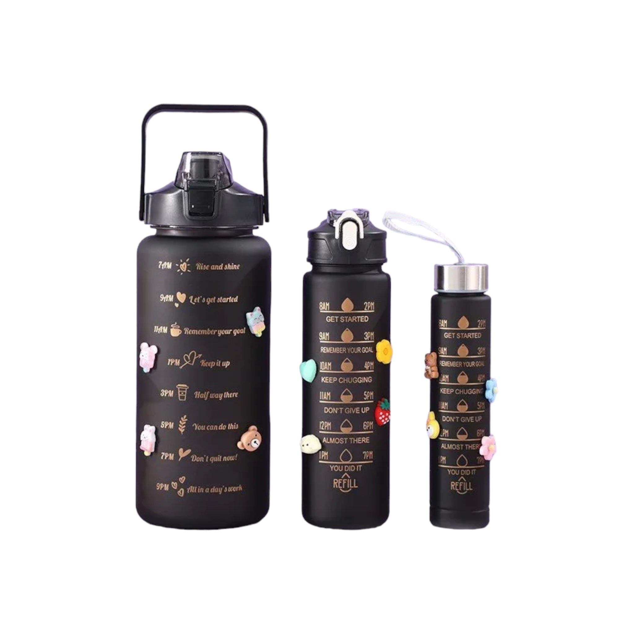 Motivational Sports Water Bottle Black 3pc Set