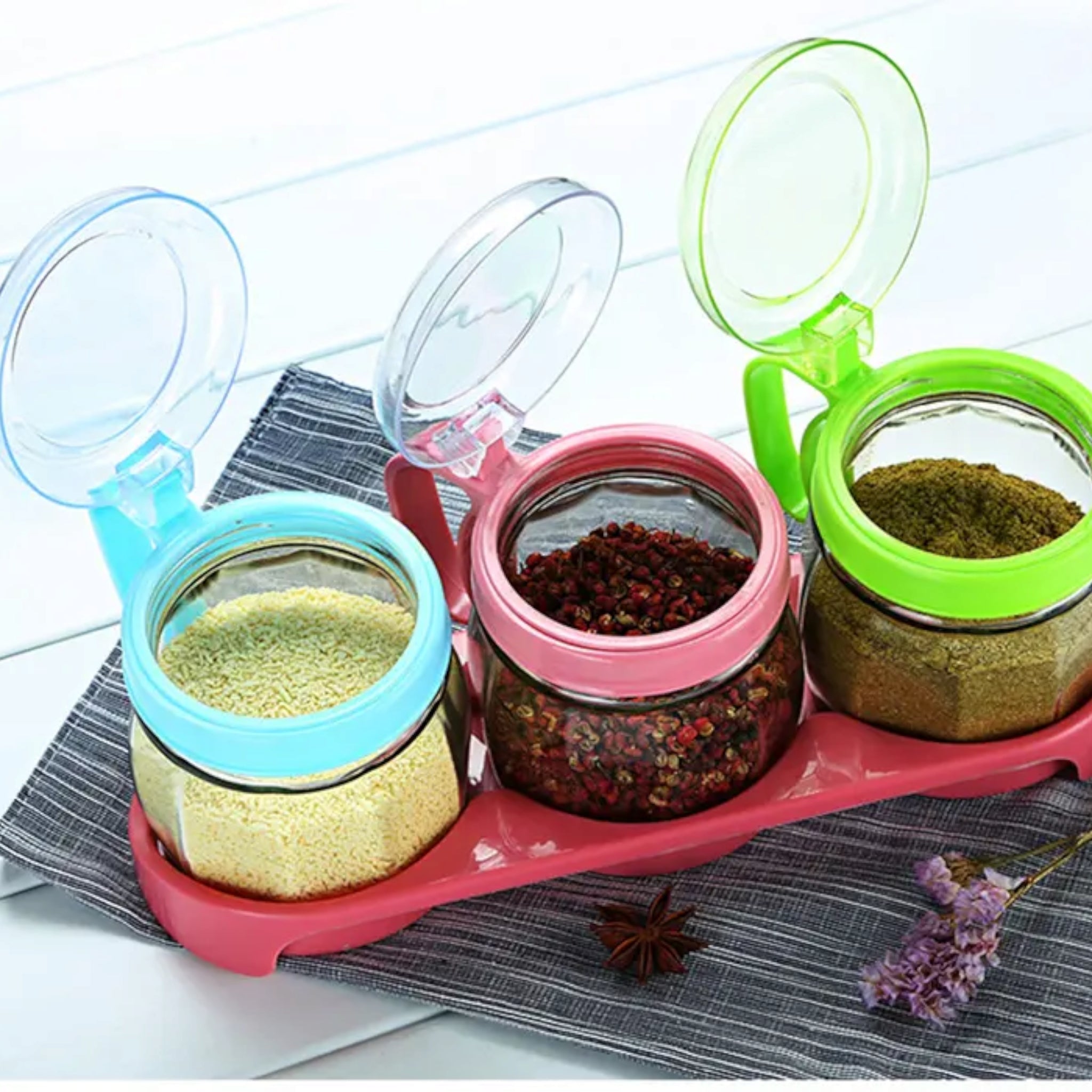 Glass Condiment Seasoning Set Spice Jars with Plastic Cover and Handle 5pc Set