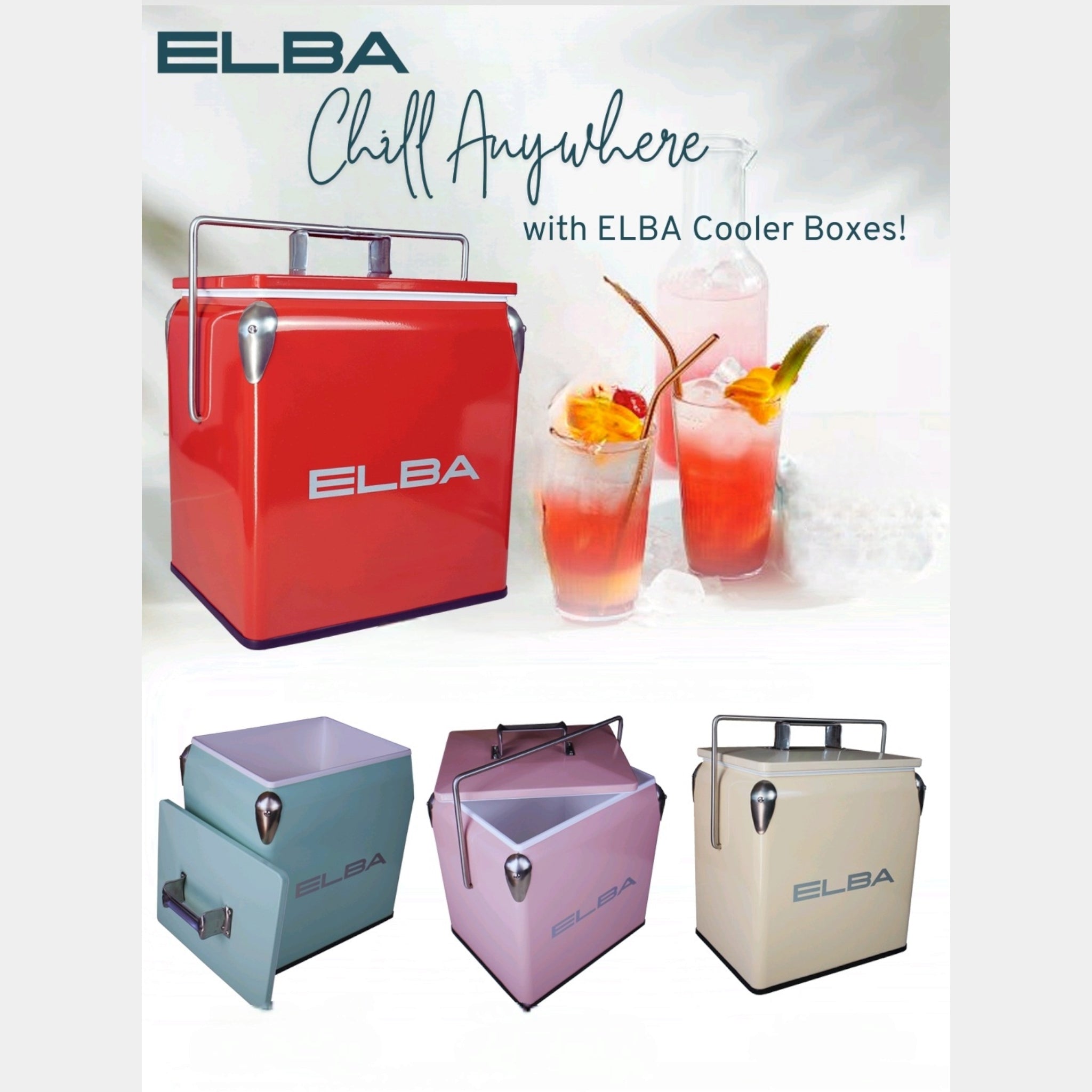 ELBA Chill Anywhere 13L Retro Metal Cooler Box with Handle & Lid