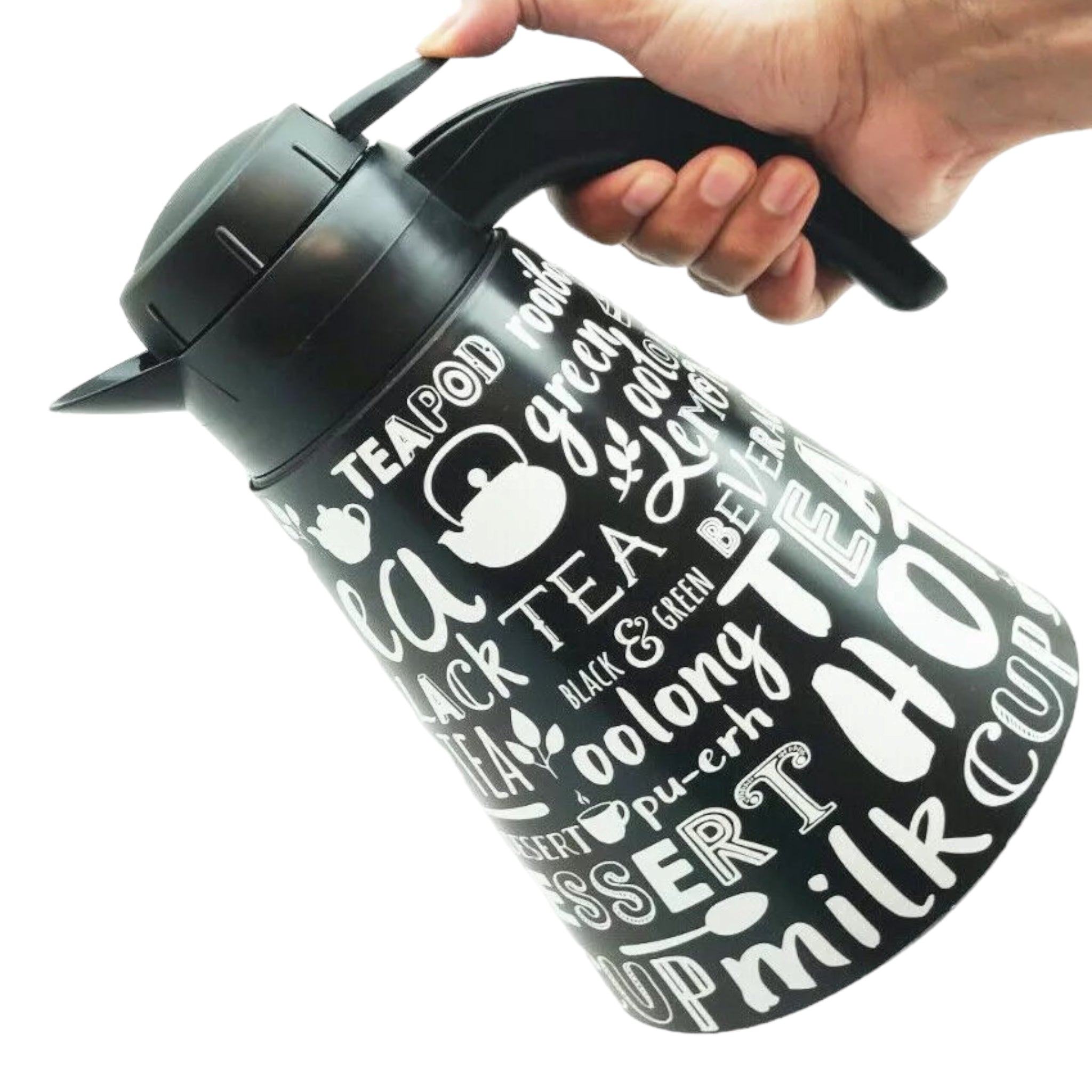 Conical Vacuum Thermal Flask 1.2L Teapot Patterned Black Print