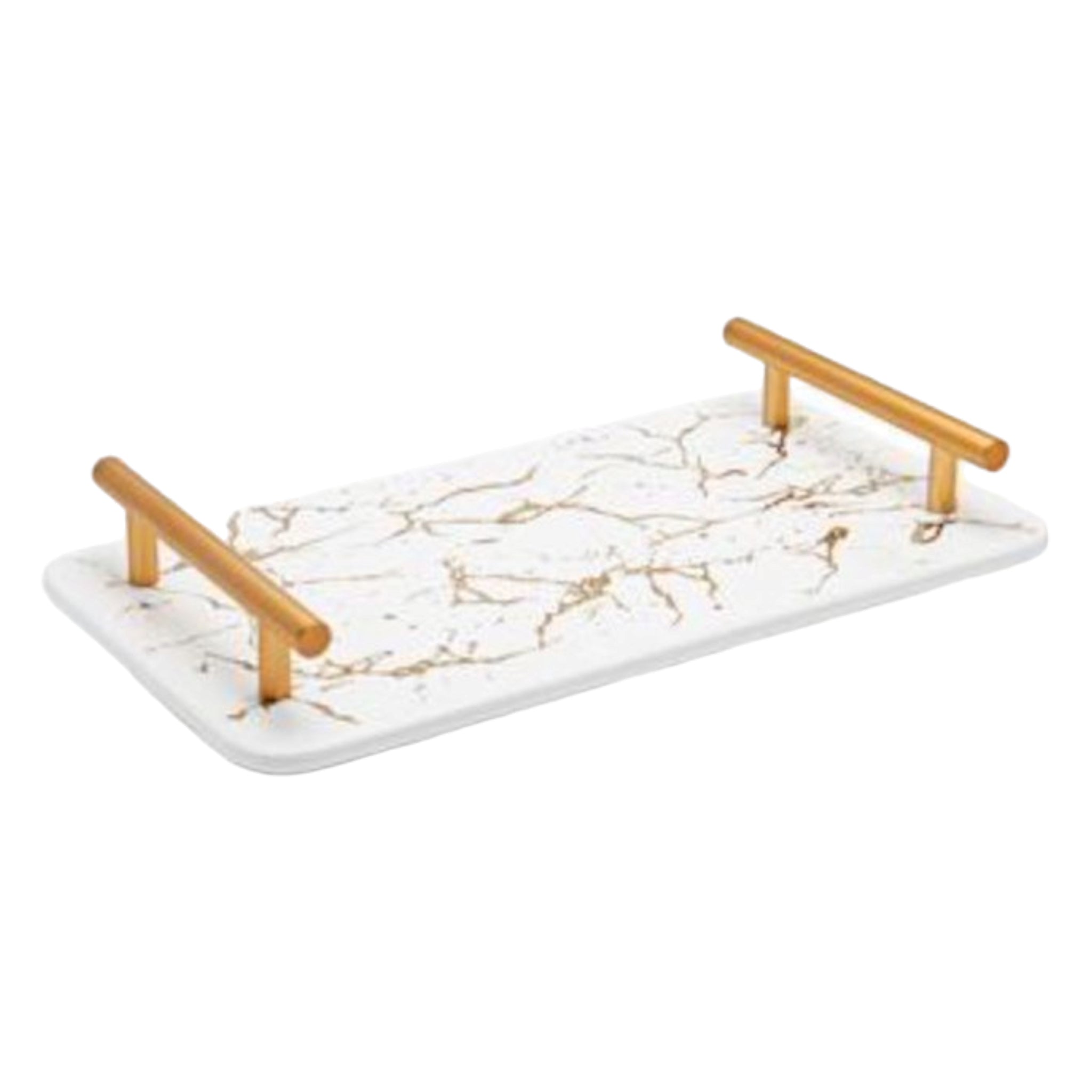 Serving Tray Ceramic White/Gold Marble with Rose Gold Handle 11493