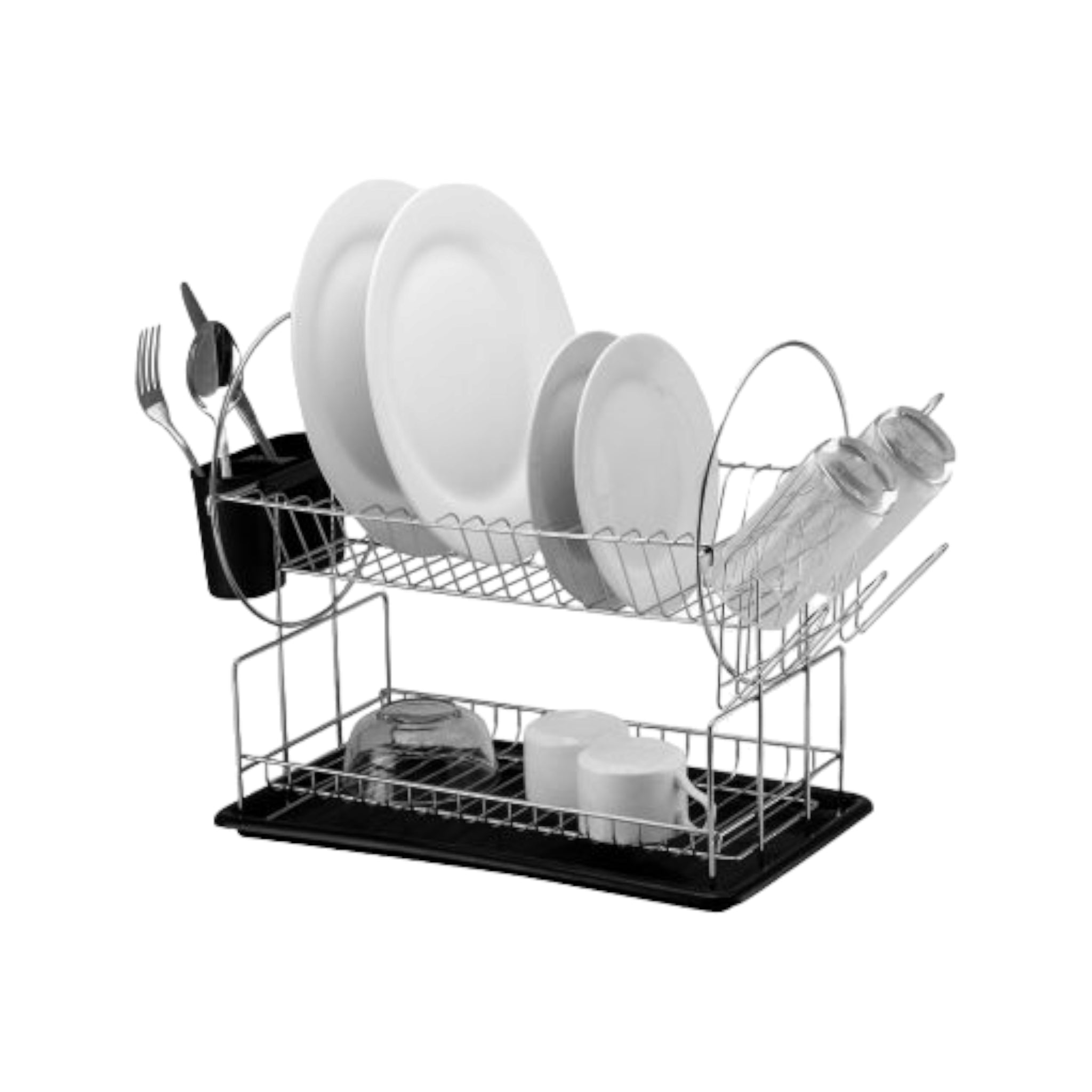 2-Tier Stainless Steel Dish Rack 42cm Chrome Plated with Black Tray