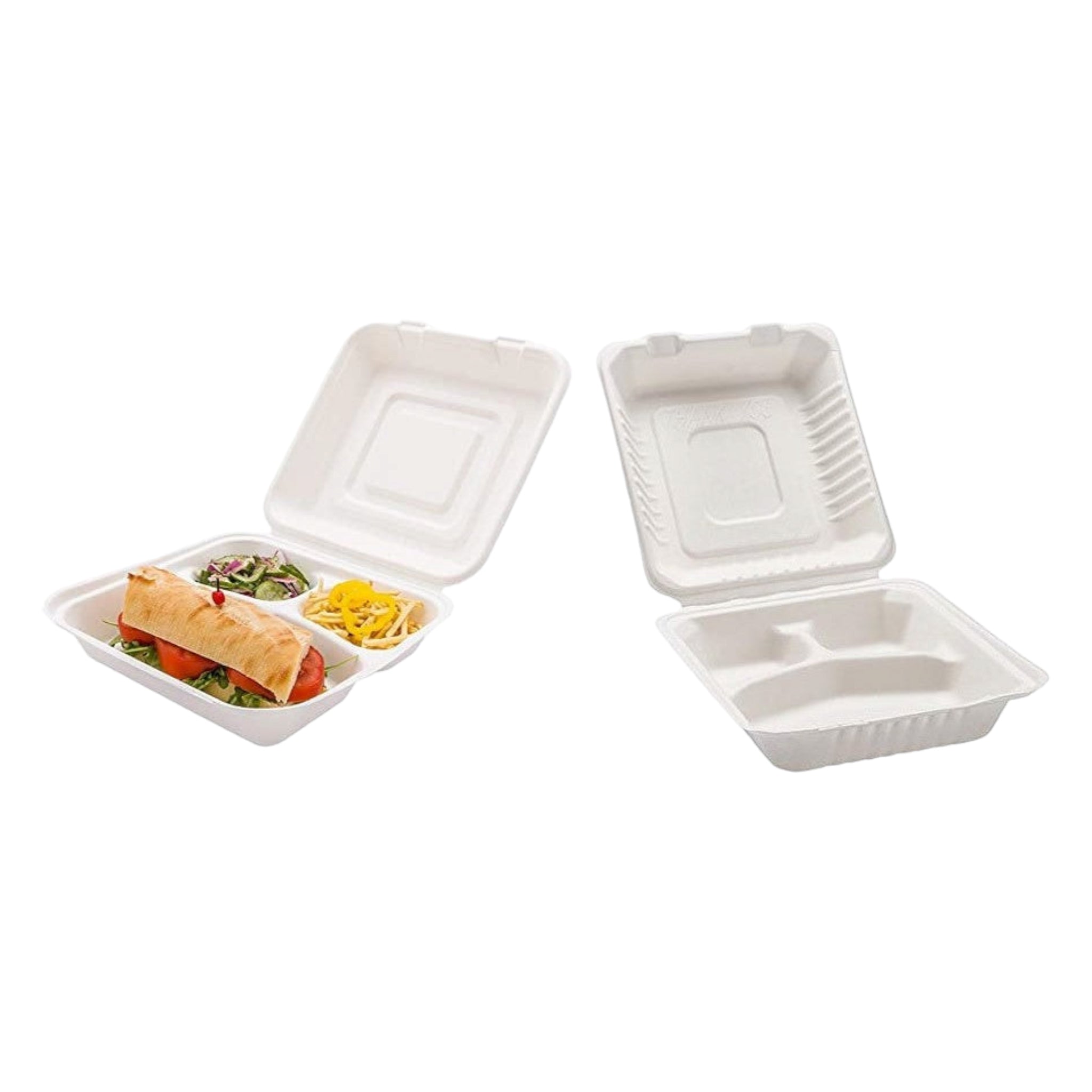 Biodegradable Lunchbox 3-Compartment 8inch Takeaway Clamshell Sugar Cane