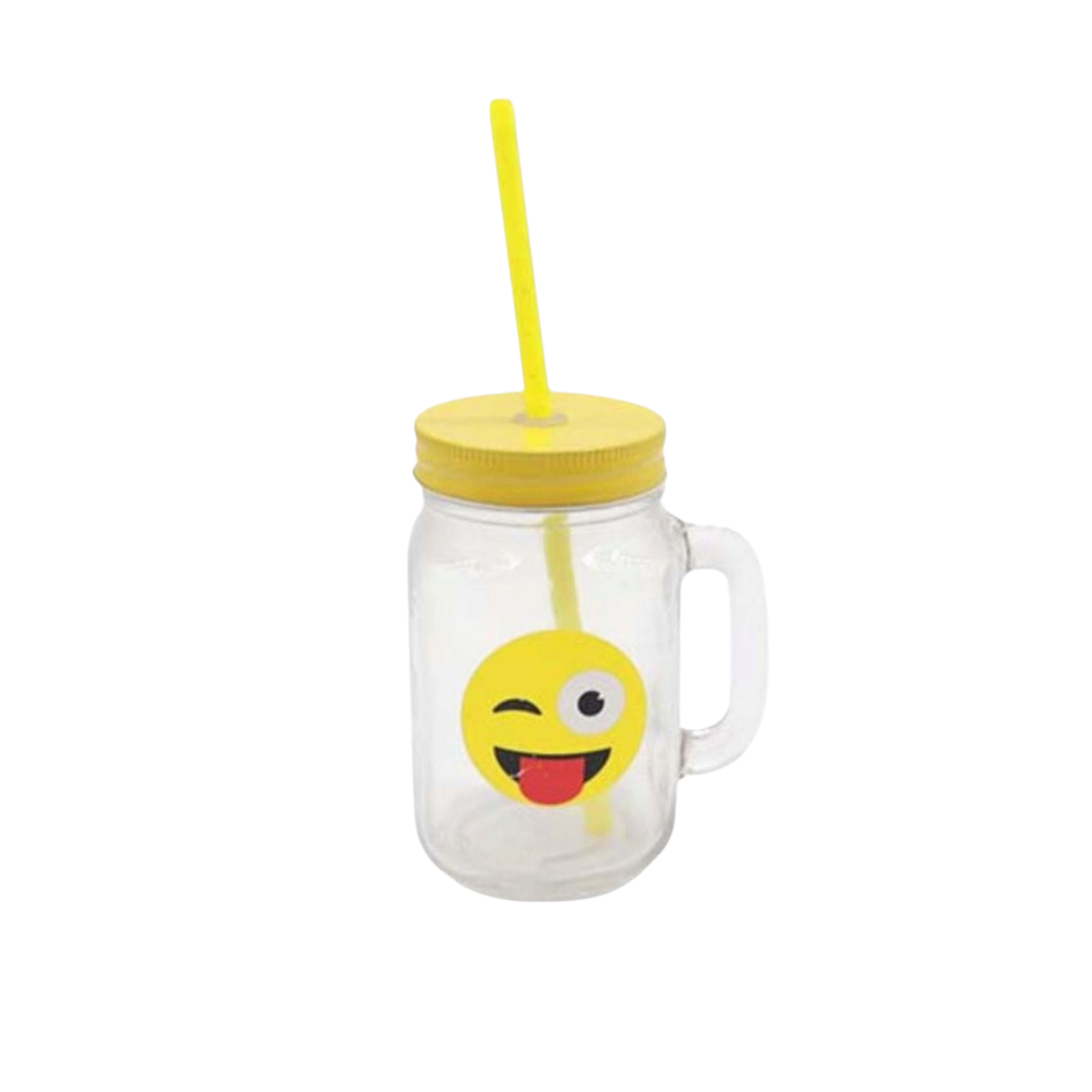 Glass Mason Jar Glass with Straw - Emoji Patterned