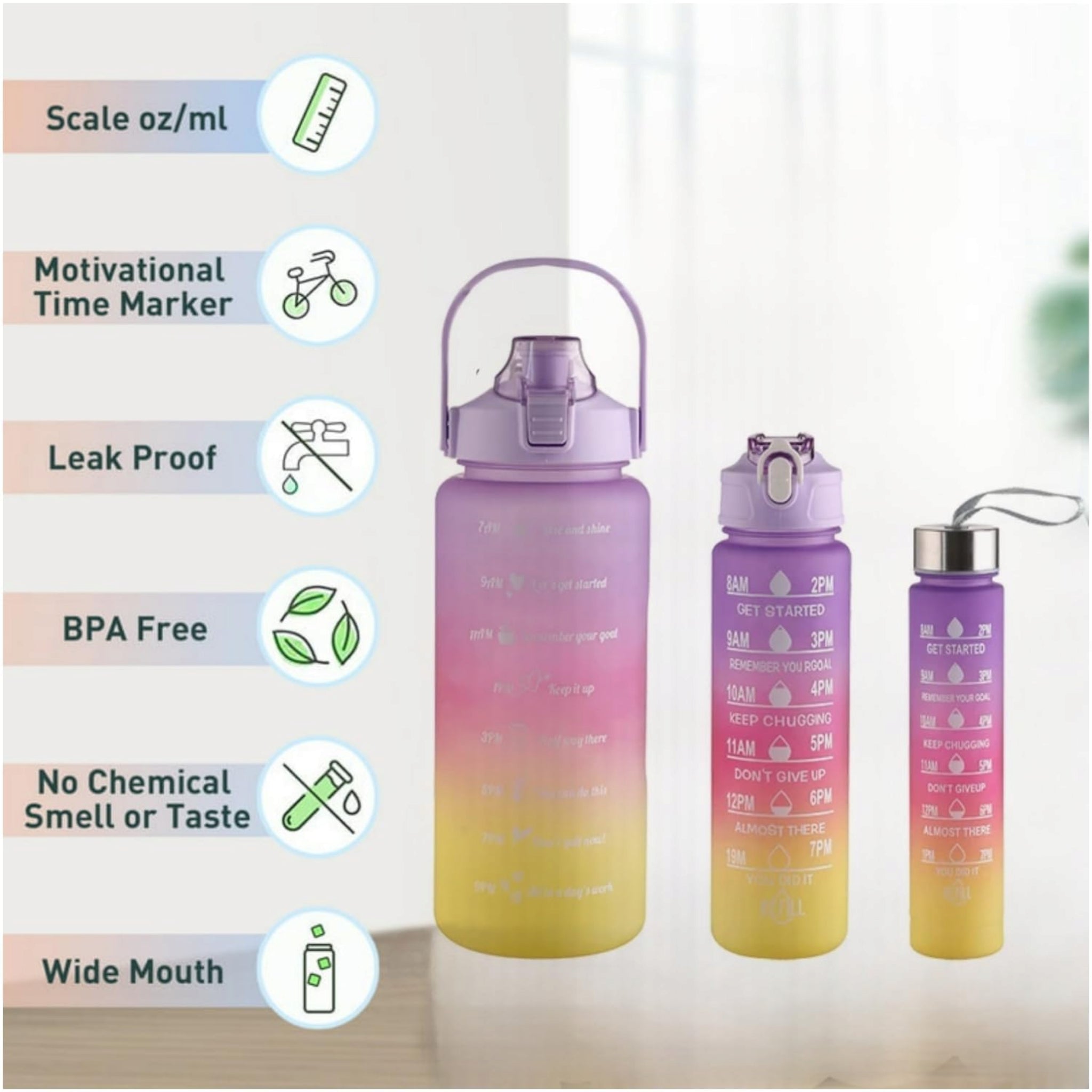 Motivatonal Sports Water Bottle 3pc Set