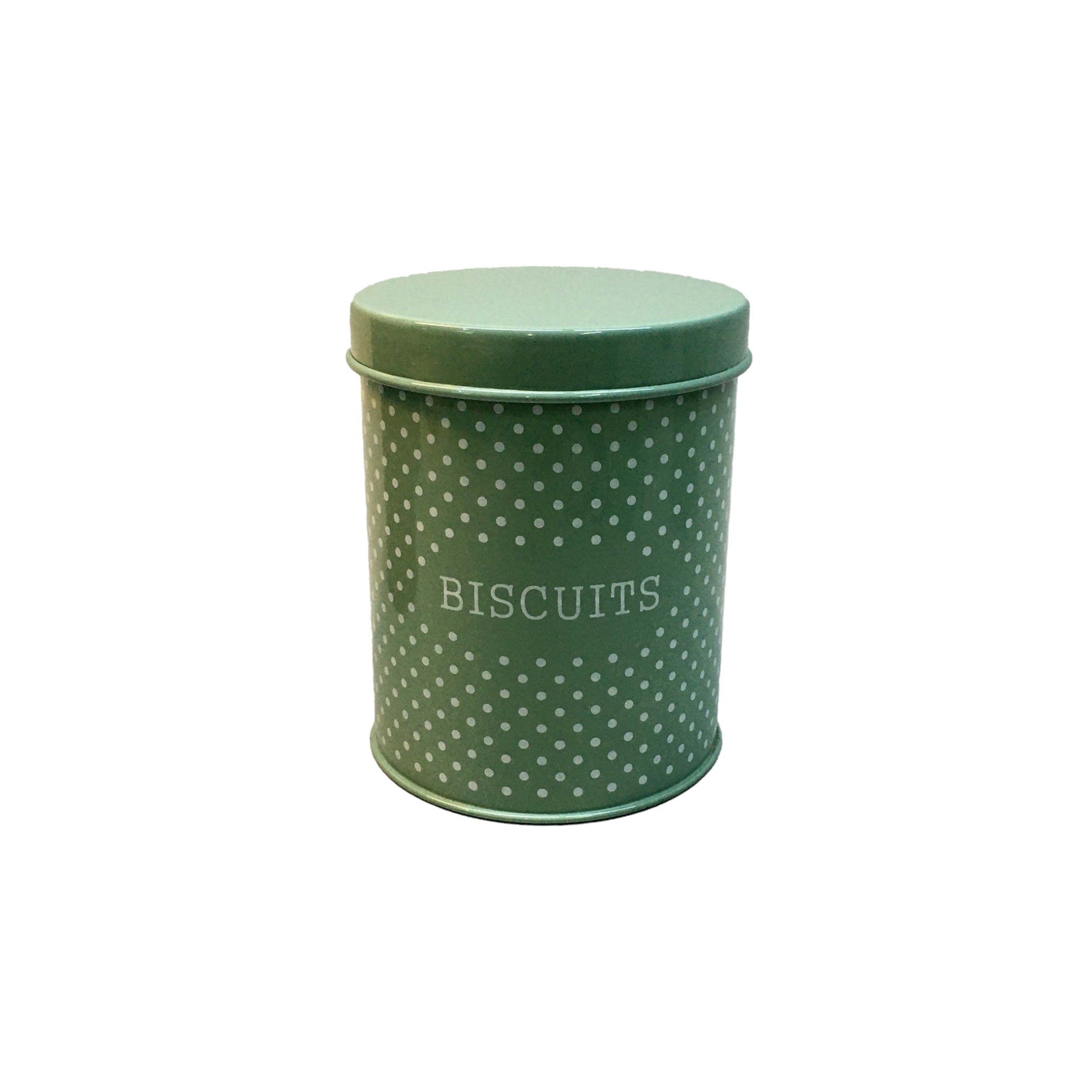 Vintage Tin Biscuit Canister Green & White Polka Dot 12x15cm