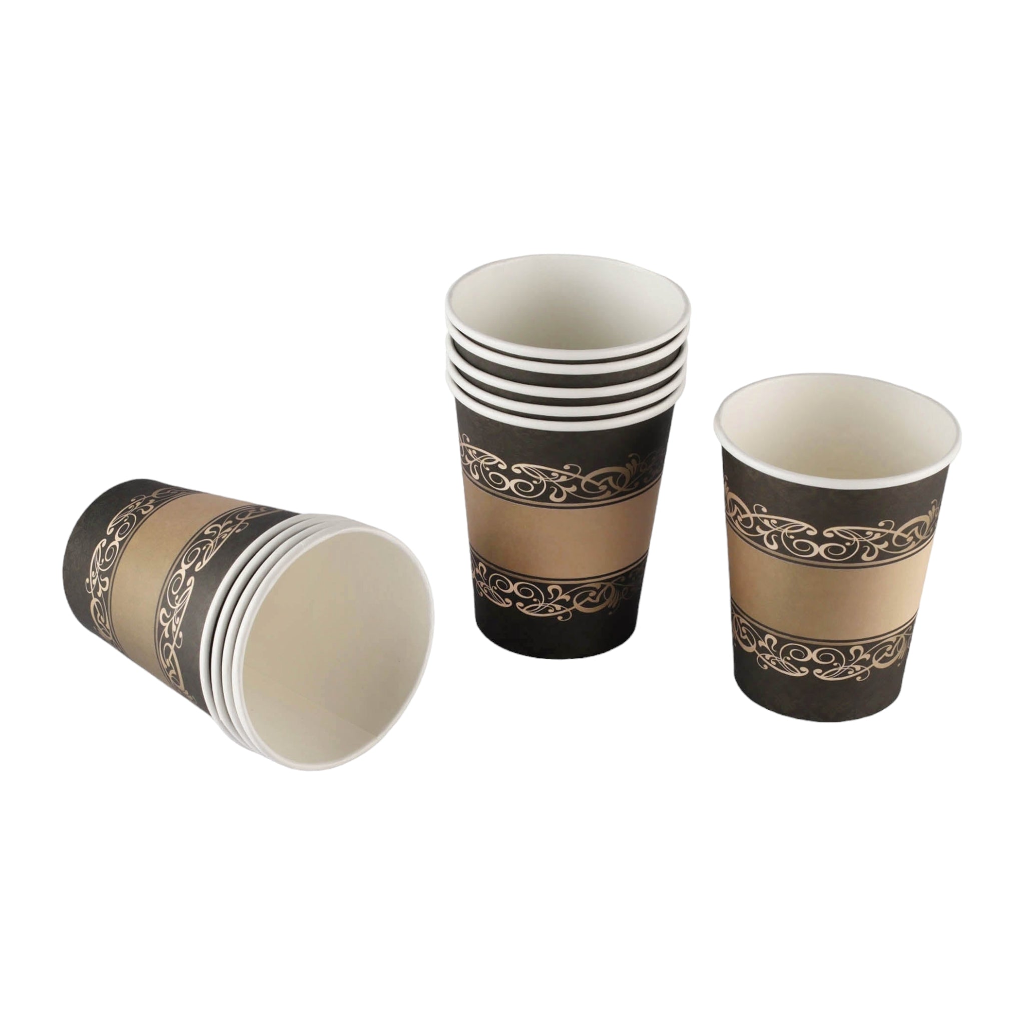 Party Paper Cups Gold with Black Print 260ml 10pack