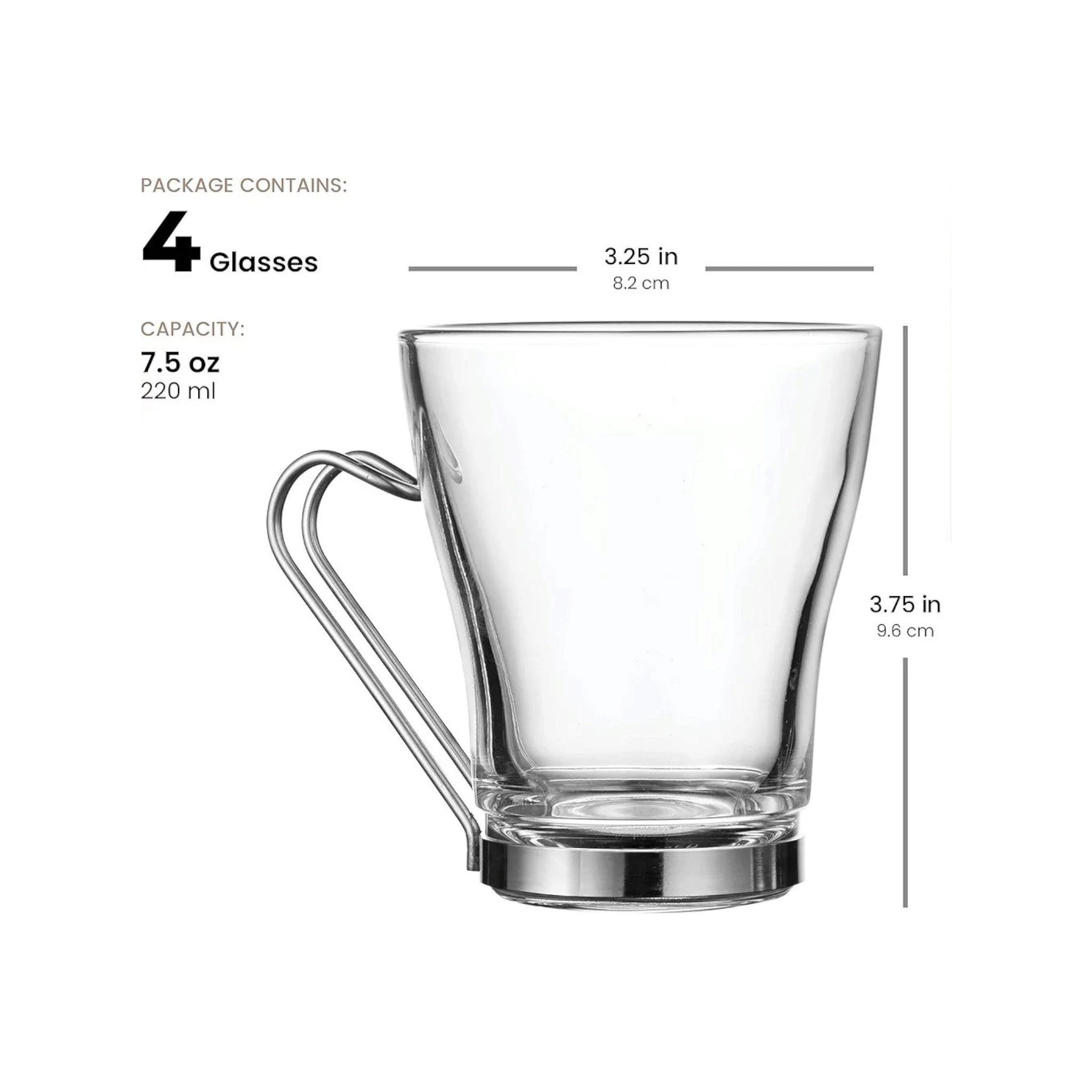 Oslo Glass Café Latte Coffee Mug 220ml with Metal Handle 4pack