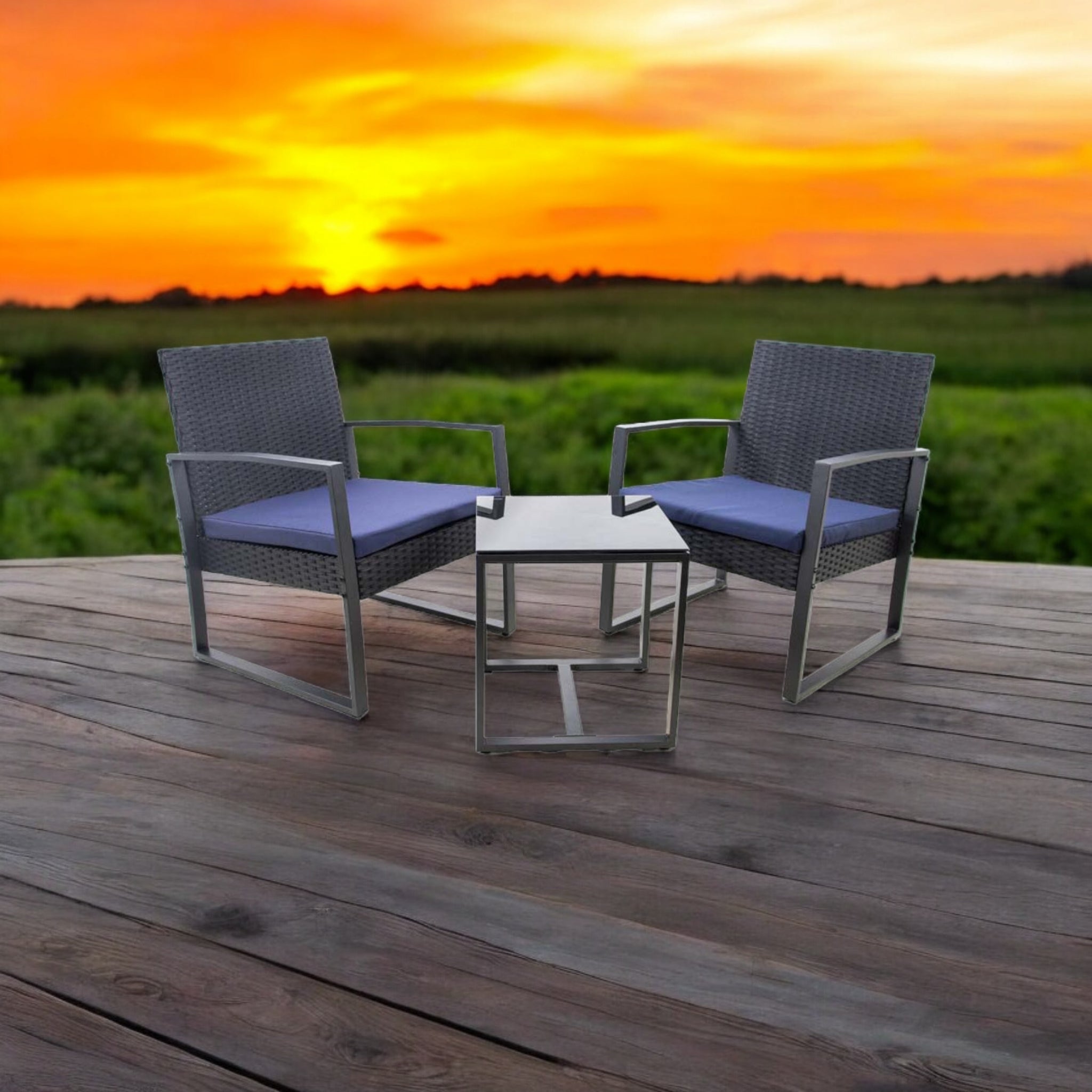 Outdoor 3pc Patio Set Rattan Chairs & Table