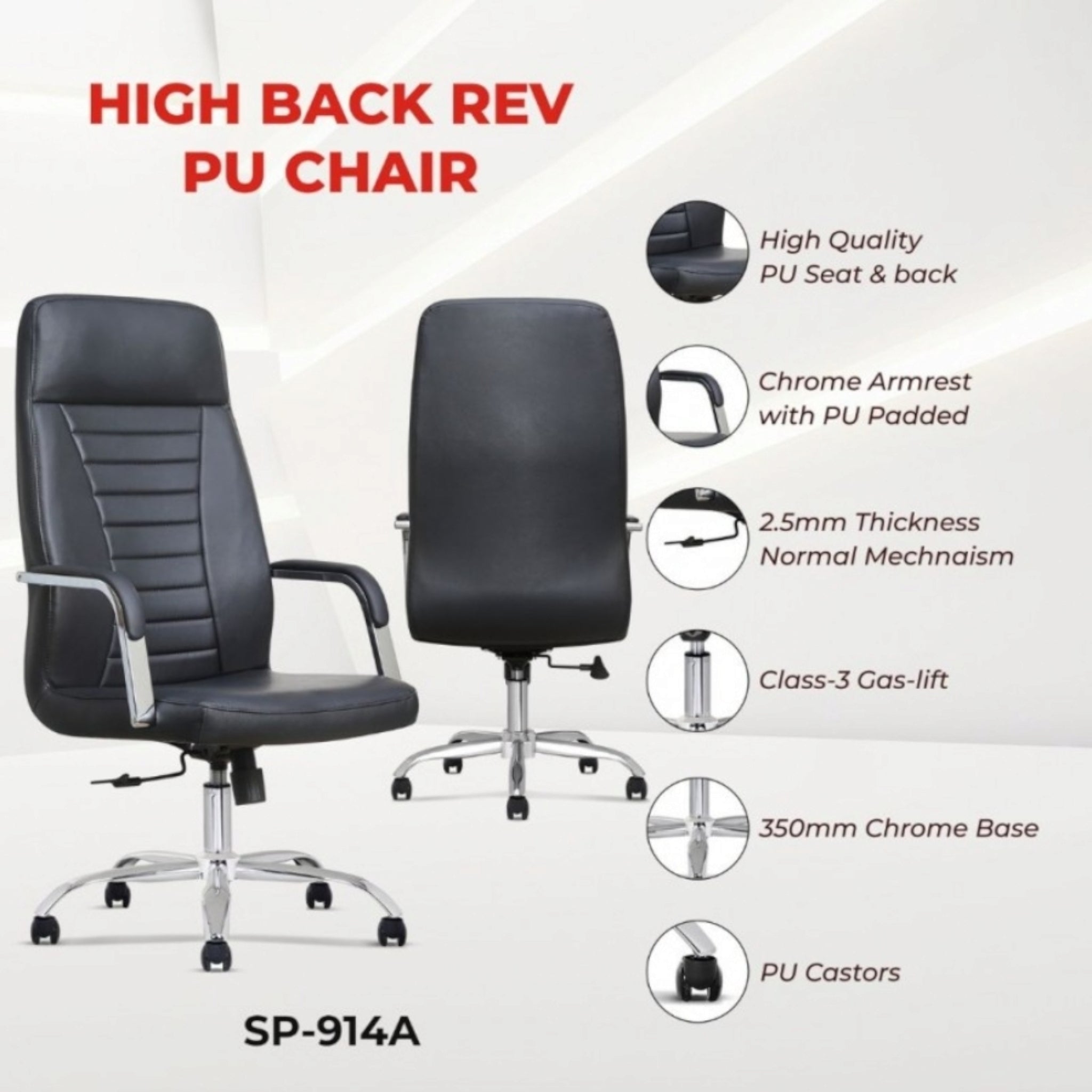 Azalea Highback Executive Office Chair  Polyurethane Leather - Swivel & Tilt Chrome Base Black SP914A