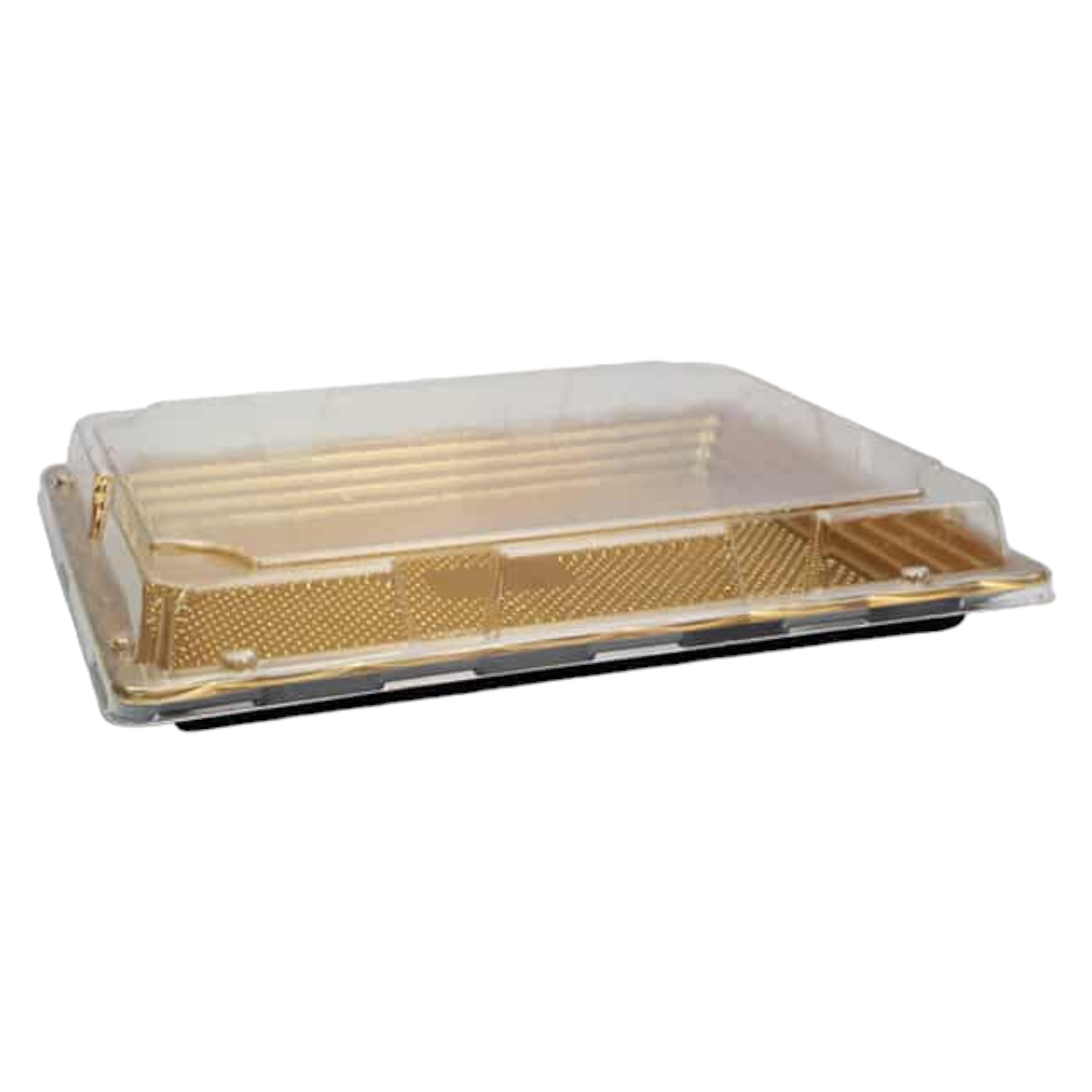 Disposable Serving To Go Plastic Tray Gold 13x18.5cm with Clear Lid