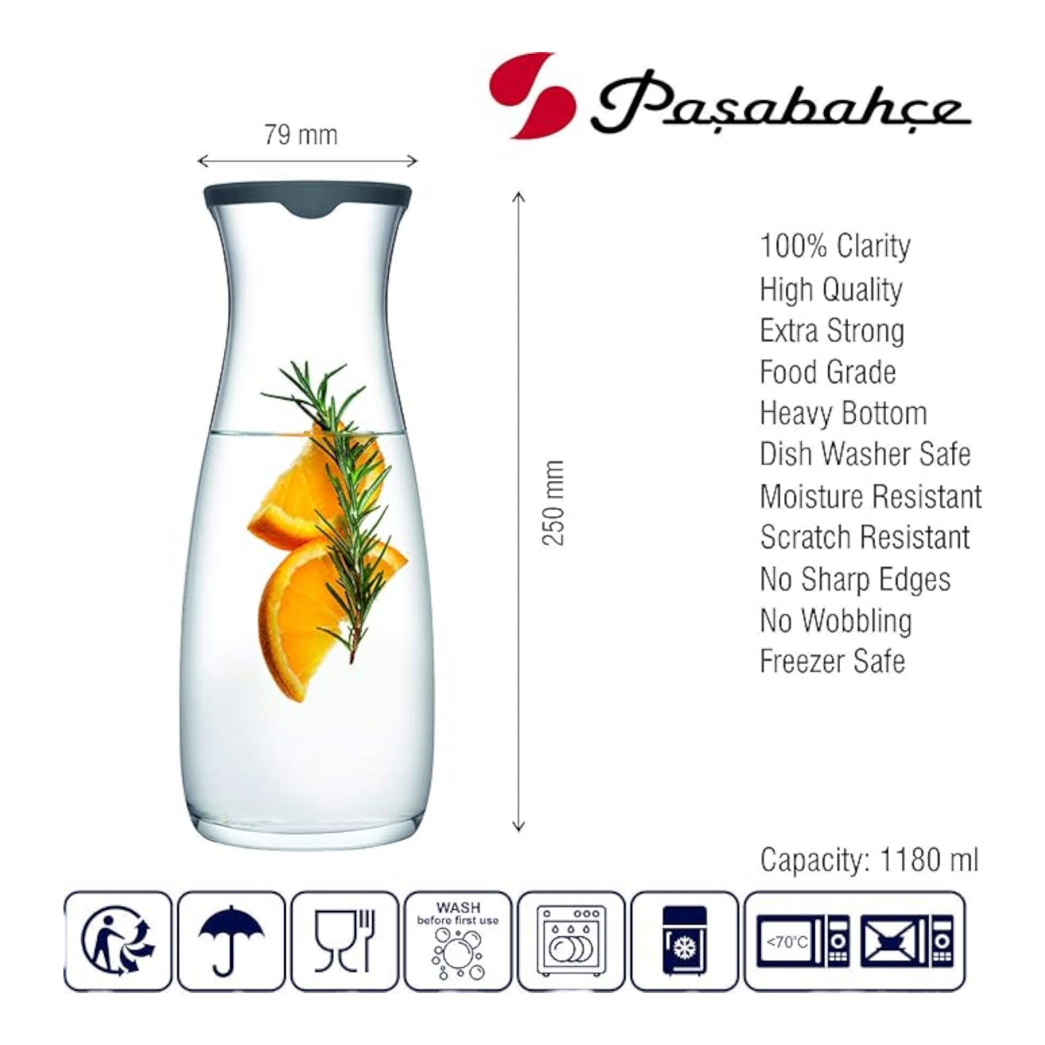 Pasabahce Amphora  Glass Carafe 1.18L with Silicone Grey Lid 23928