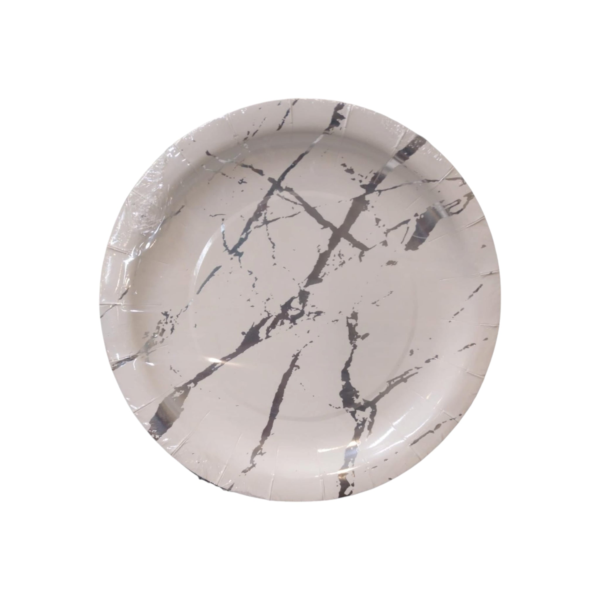 Disposable Party Paper Plate Marble Print White & Silver 9Inch 23cm 10pack