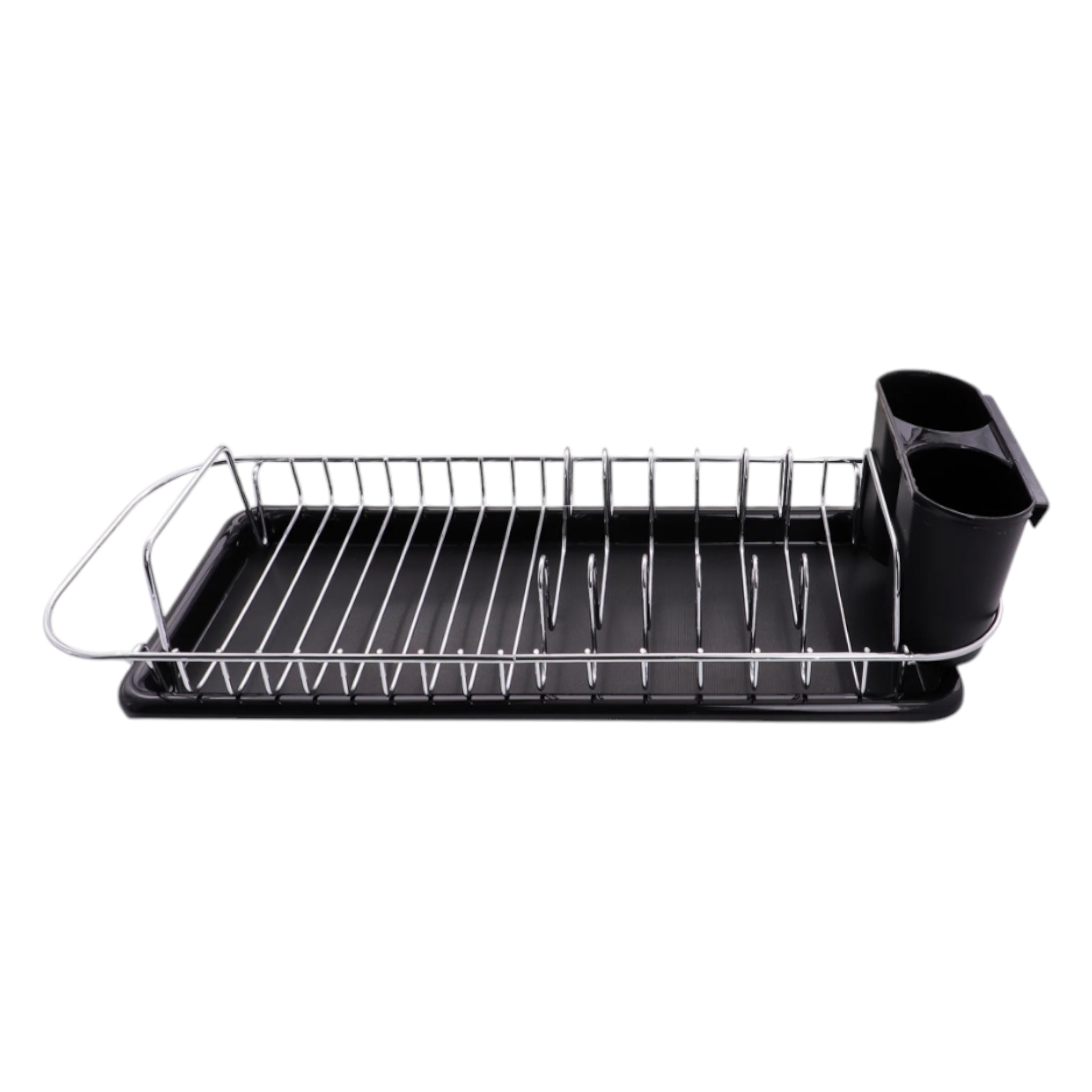 Regent Compact Chrome Dish Rack with Black Plastic Cutlery Holder Tray 475x175x135mm