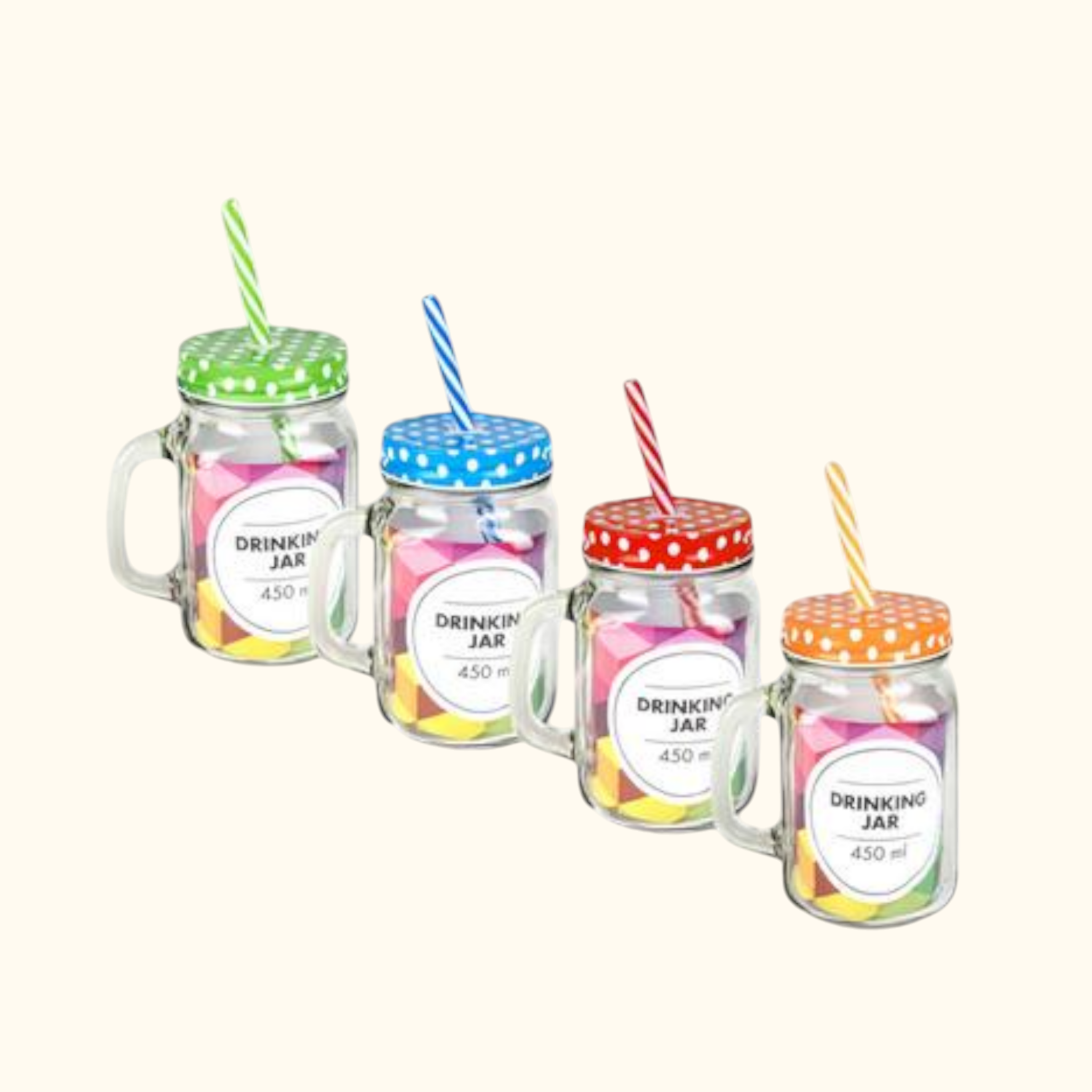 Mason Glass Drinking Bottle 450ml with Straw & Polka Dot Lid 1pc