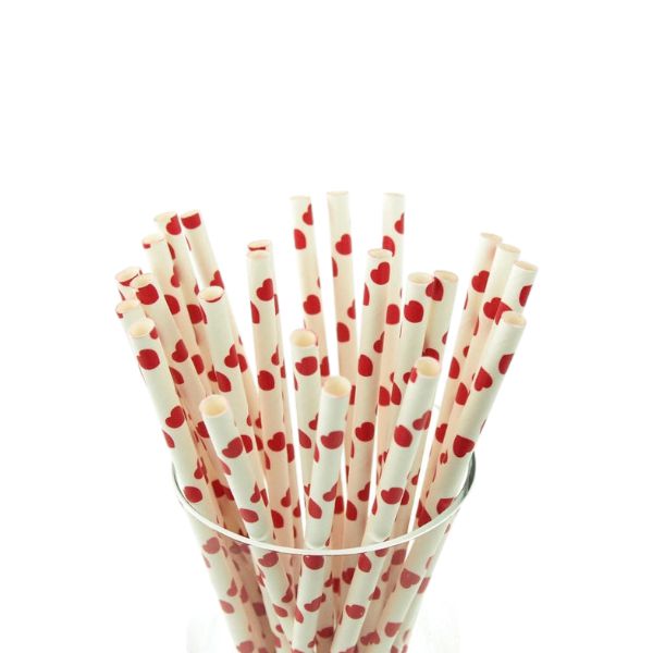 Disposable Paper Straws 6mm White with Red Hearts 25pc