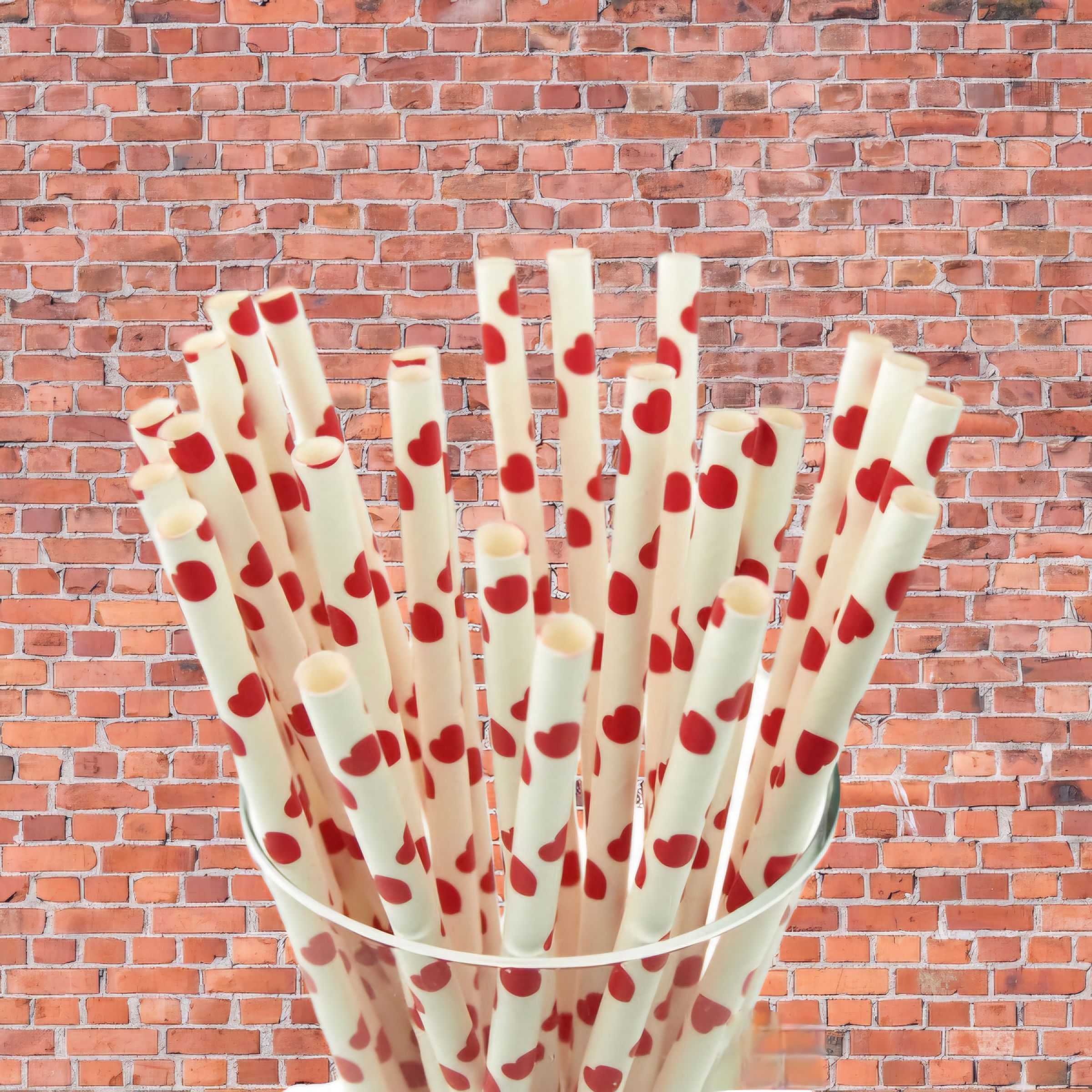 Disposable Paper Straws 6mm White with Red Hearts 25pc