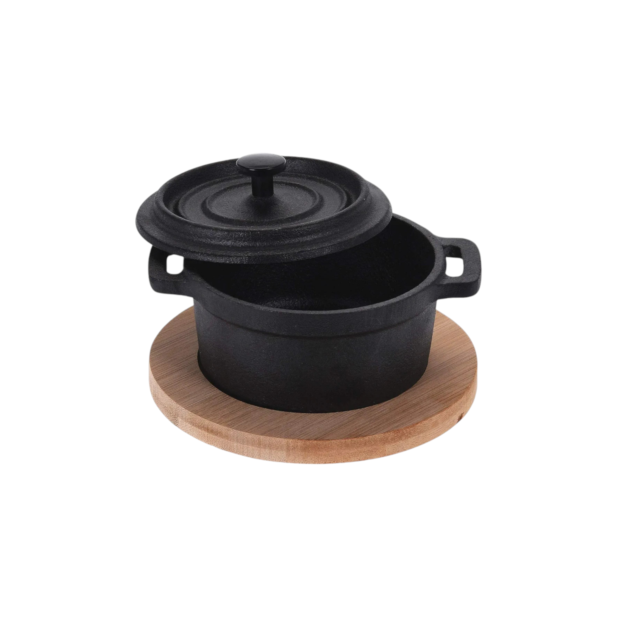 EH Mini Tapas Cast Iron Pot with Lid 200ml with Wooden Board 13156