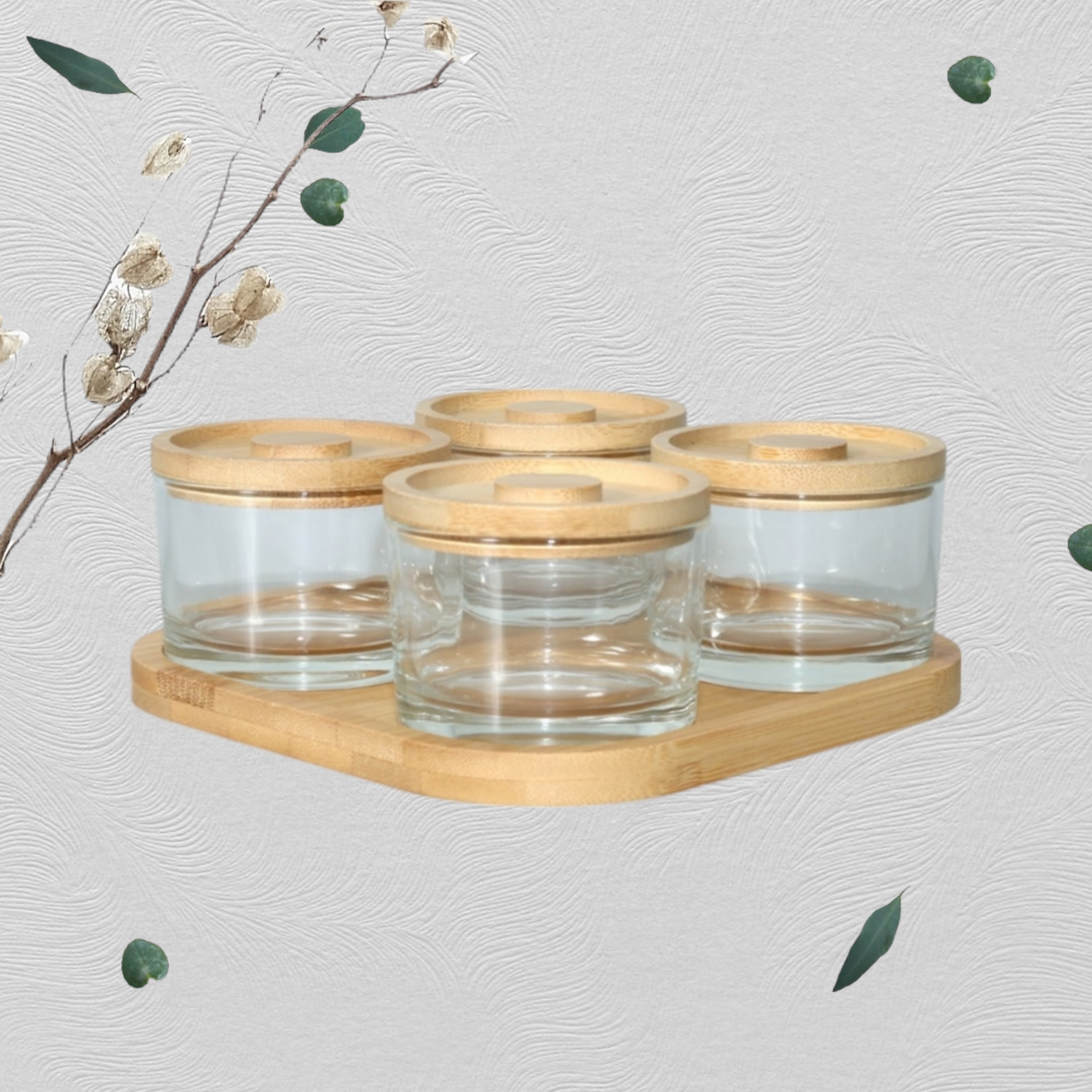 Aqua 4pc Condiment Set with Bamboo Lid on Tray 140ml