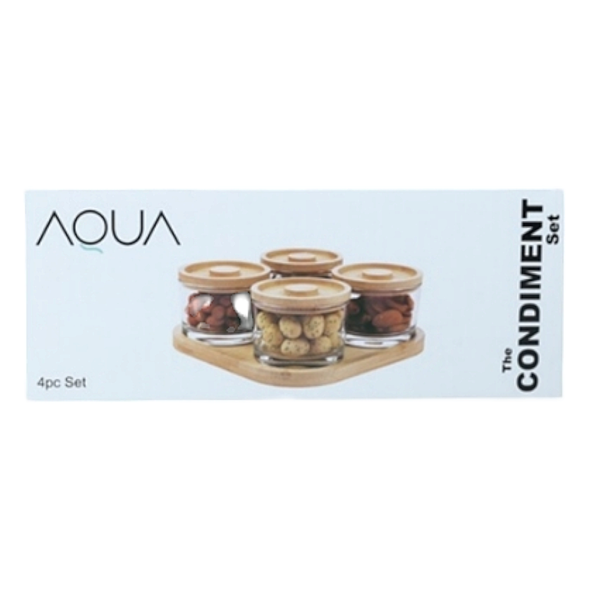 Aqua 4pc Condiment Set with Bamboo Lid on Tray 140ml