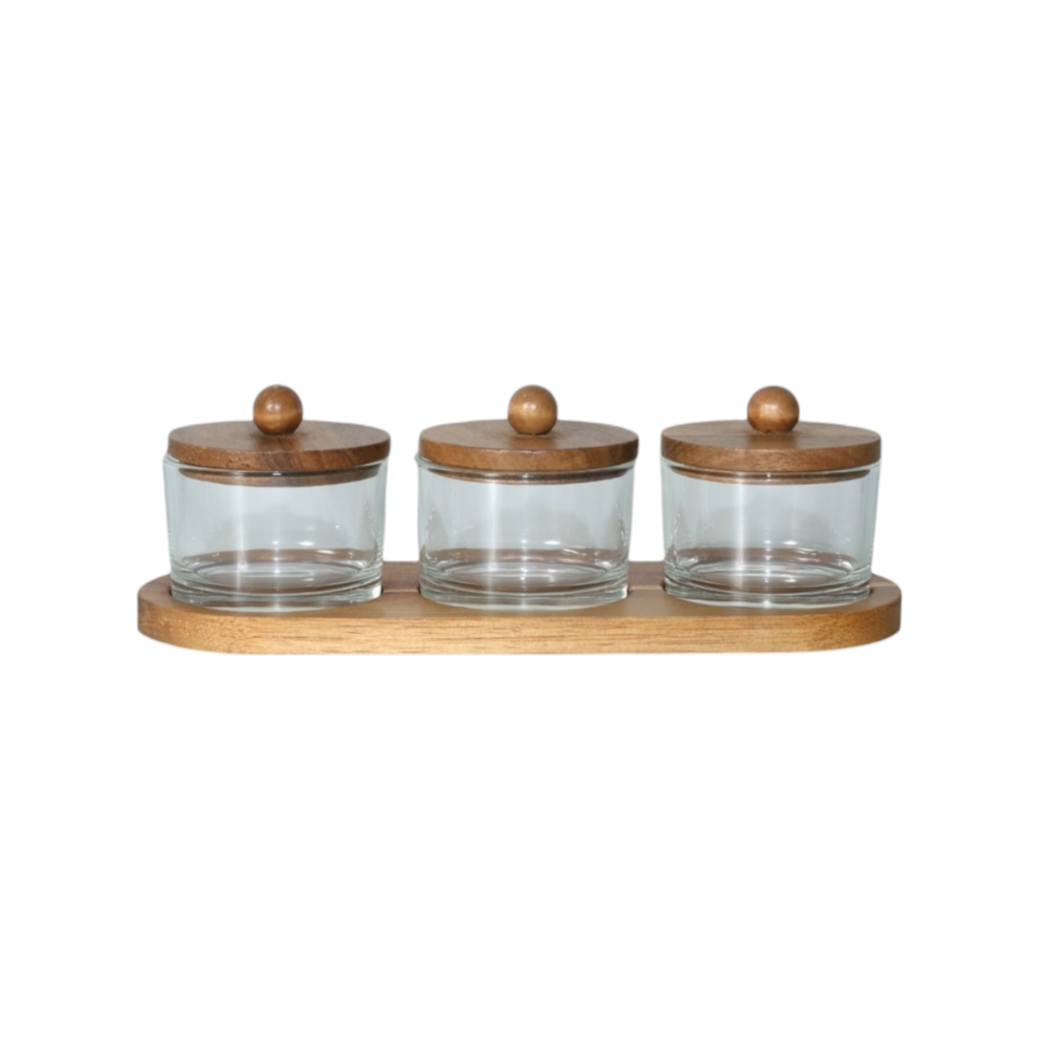 Aqua Glass Jar on Tray with Acacia Lid 140ml 3pc Set 27617