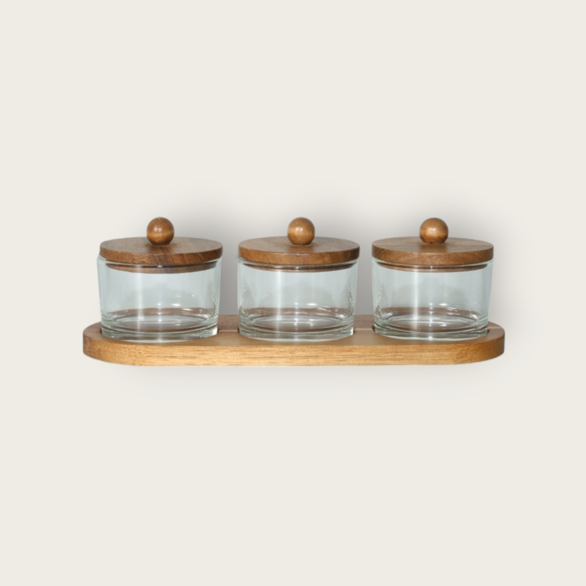 Aqua Glass Jar on Tray with Acacia Lid 140ml 3pc Set 27617