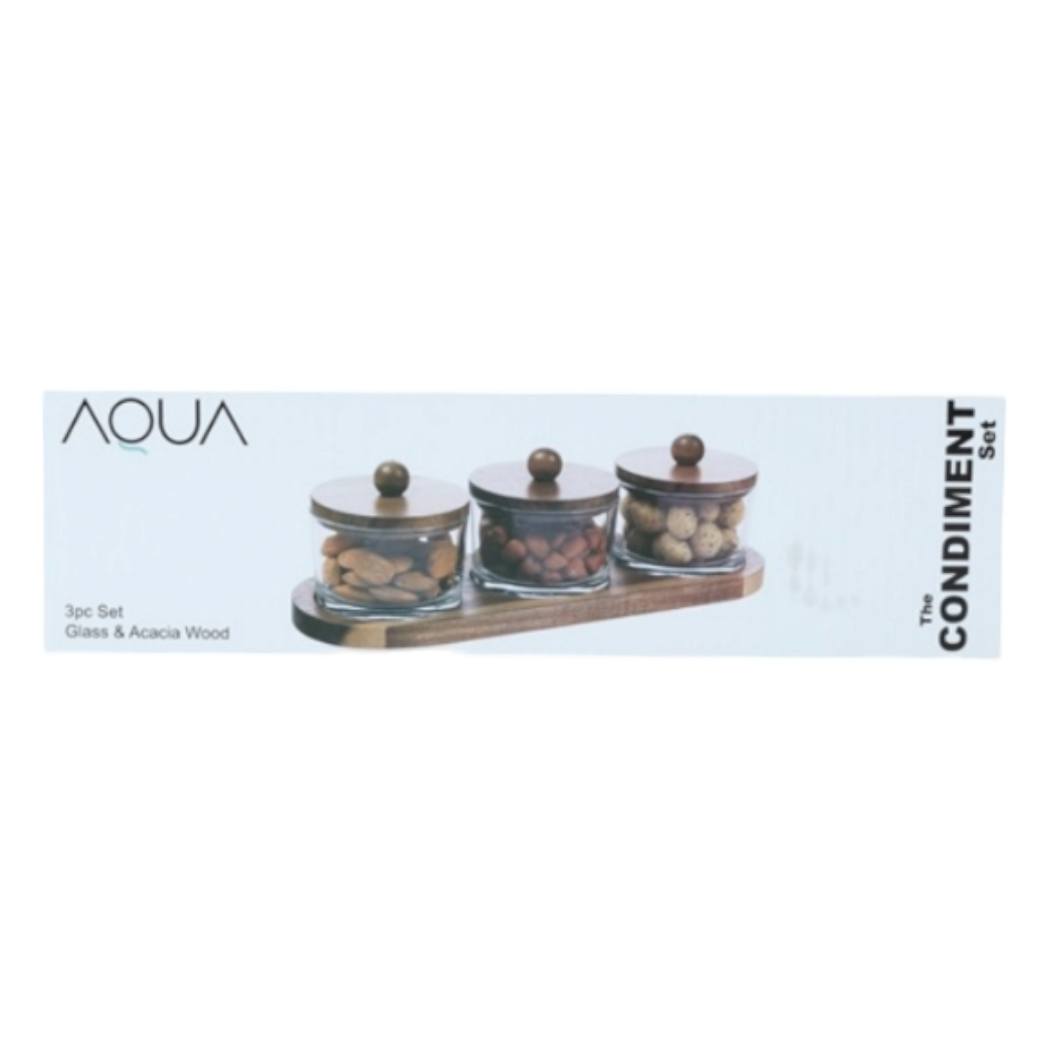 Aqua Glass Jar on Tray with Acacia Lid 140ml 3pc Set 27617