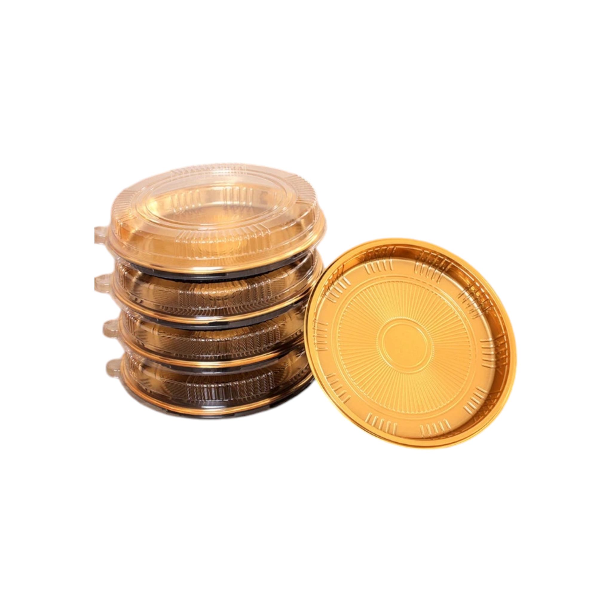 Disposable Serving To Go Plastic Round Tray Gold with Lid Large 32x8cm