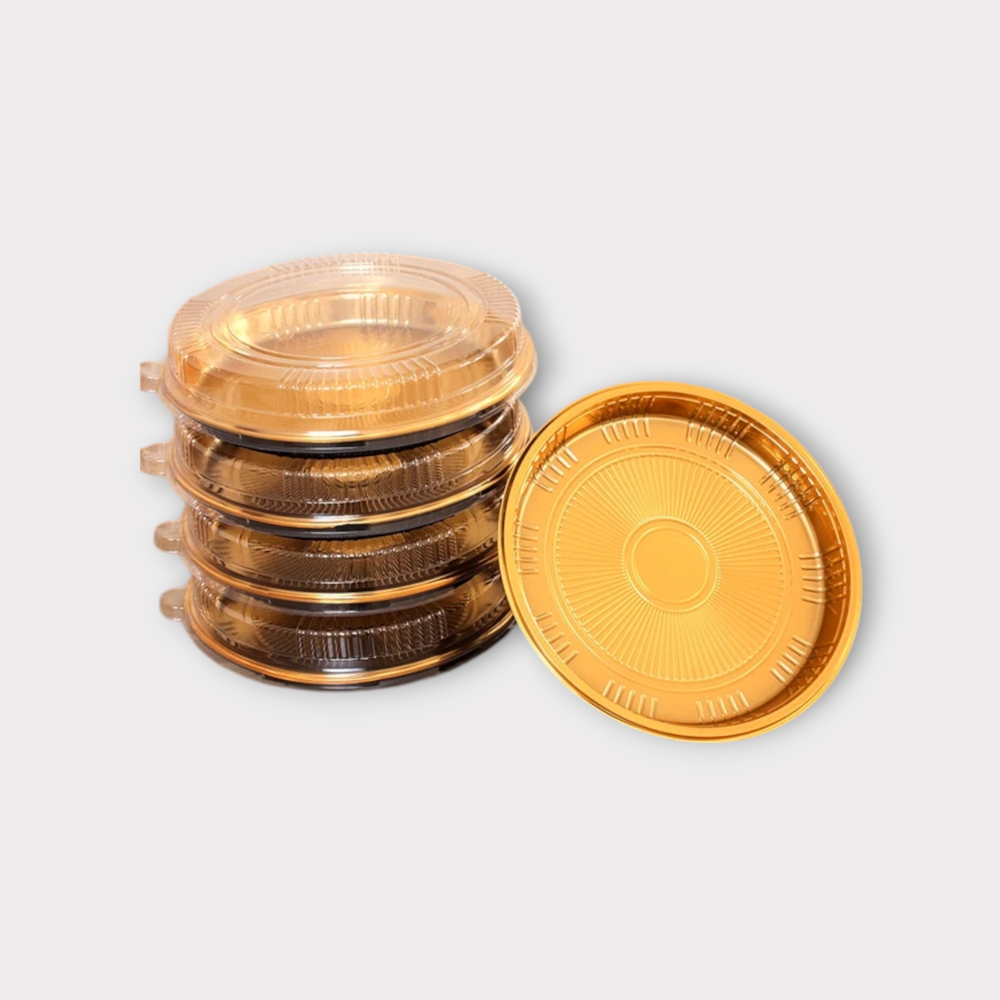 Disposable Serving To Go Plastic Round Tray Gold with Lid Large 32x8cm