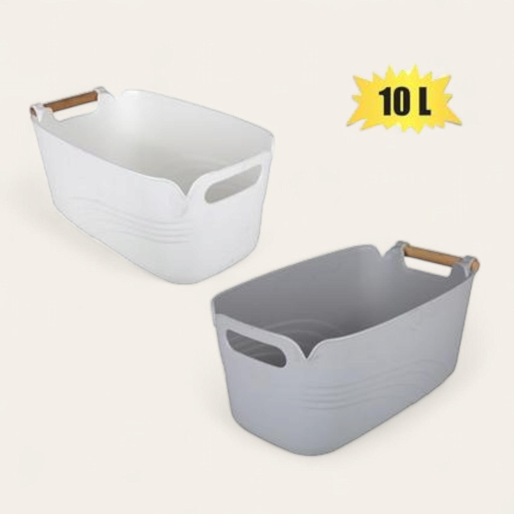 Retro Plastic Storage Basket 10L 33x18x15cm with Wooden Carry Handle