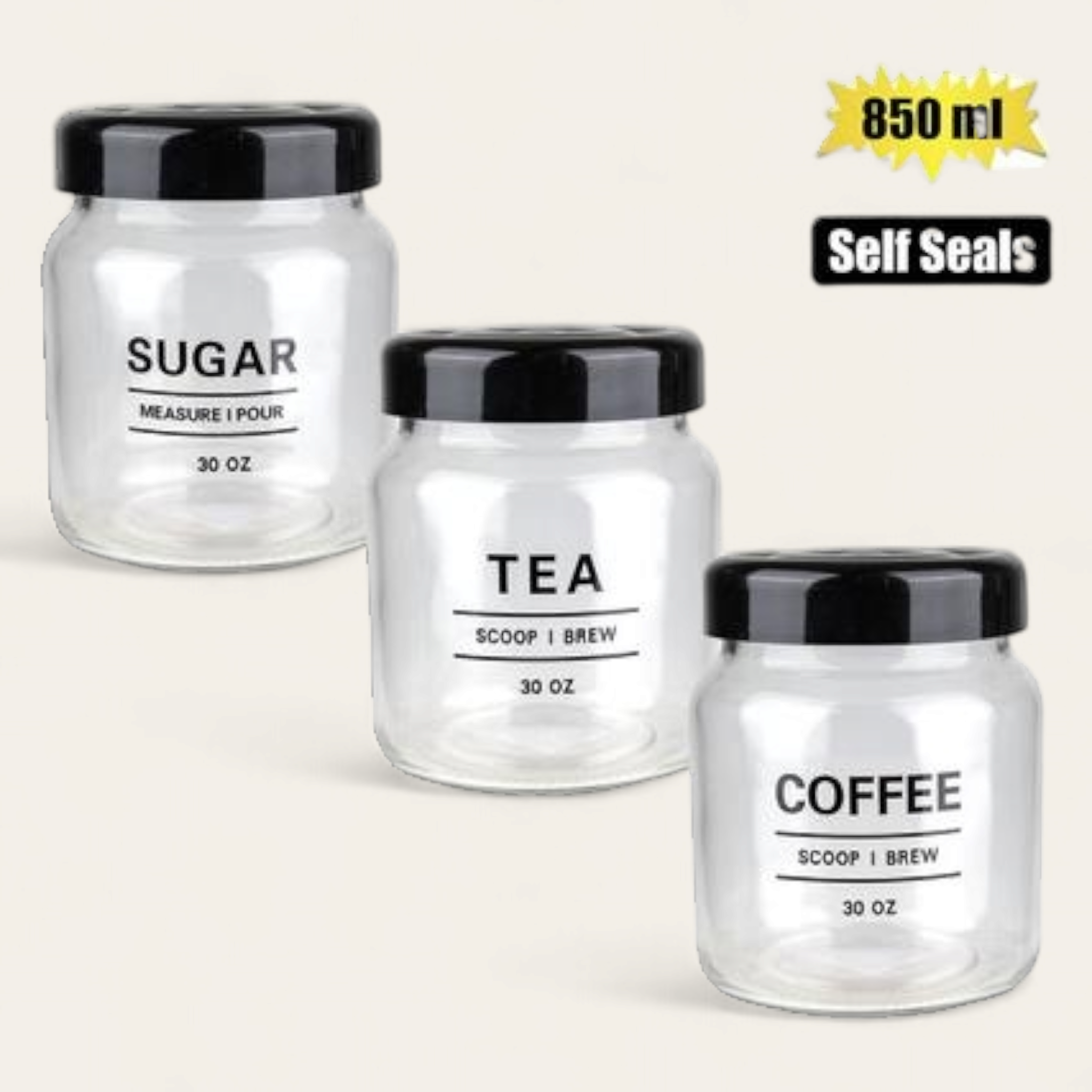 Glass Storage Jar 3pc Set Sugar- Tea-Coffee 850ml