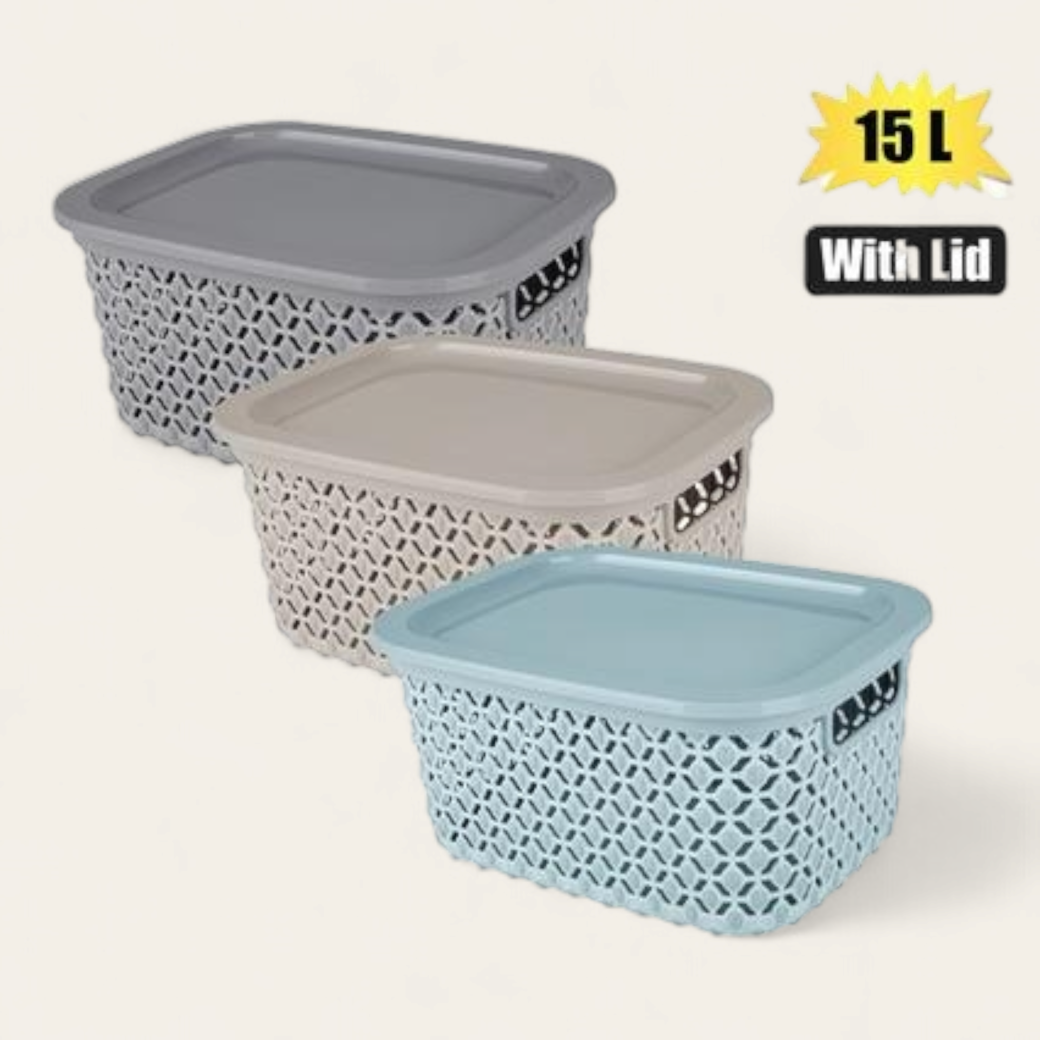 Pointy Plastic Storage Basket with Lid 15L 28x38x18cm