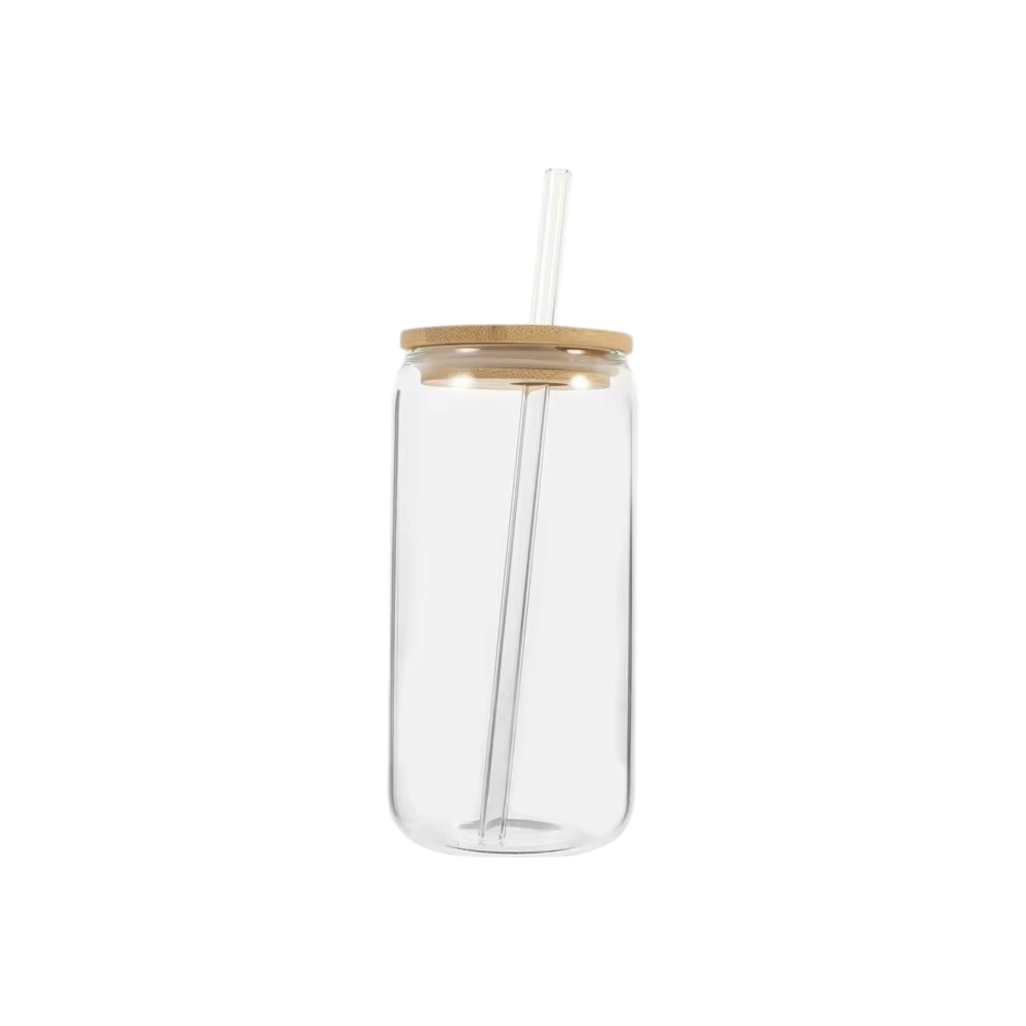 Glass Drinking Can Bottle with Bamboo Lid Corner Hole and Borosilicate Straw