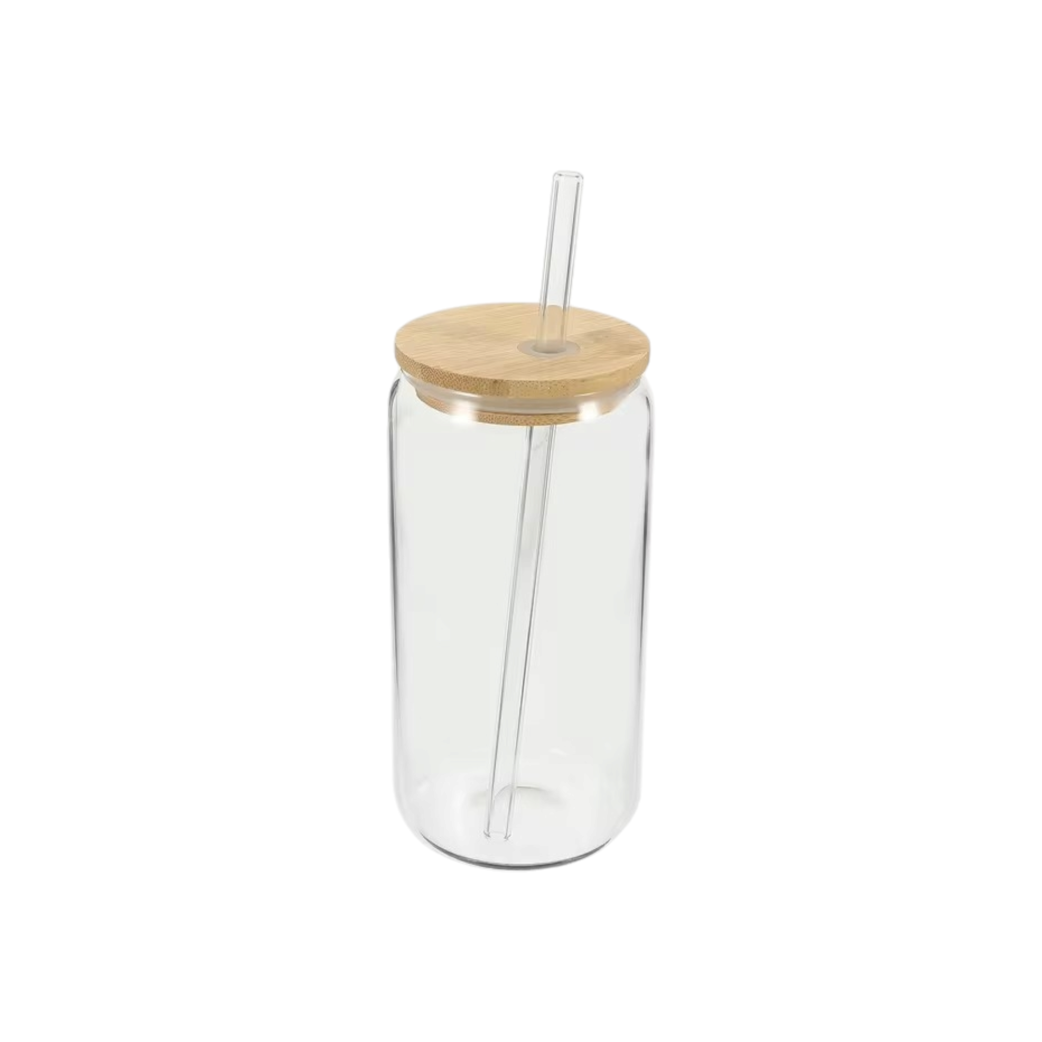 Glass Drinking Can Bottle with Bamboo Lid Corner Hole and Borosilicate Straw