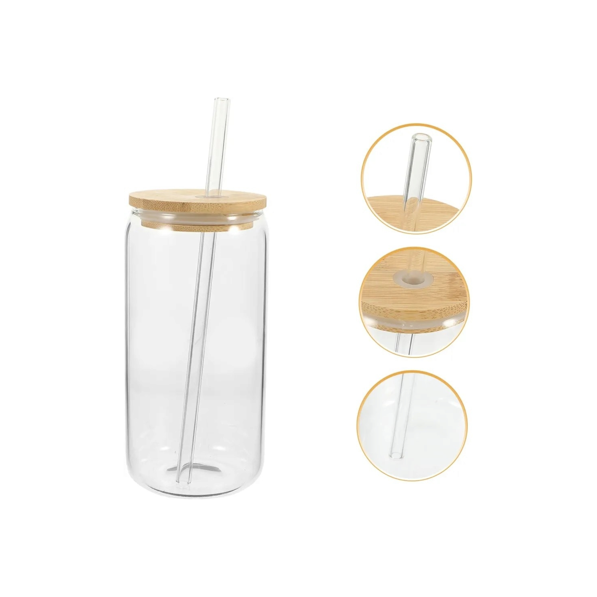 Glass Drinking Can Bottle with Bamboo Lid Corner Hole and Borosilicate Straw