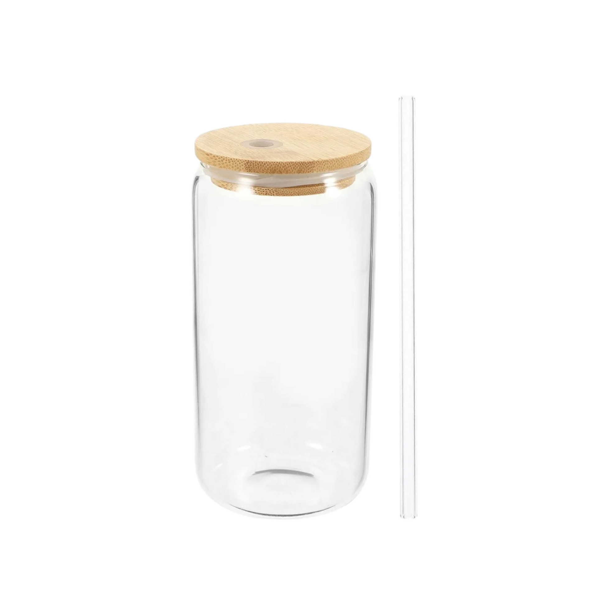 Glass Drinking Can Bottle with Bamboo Lid Corner Hole and Borosilicate Straw