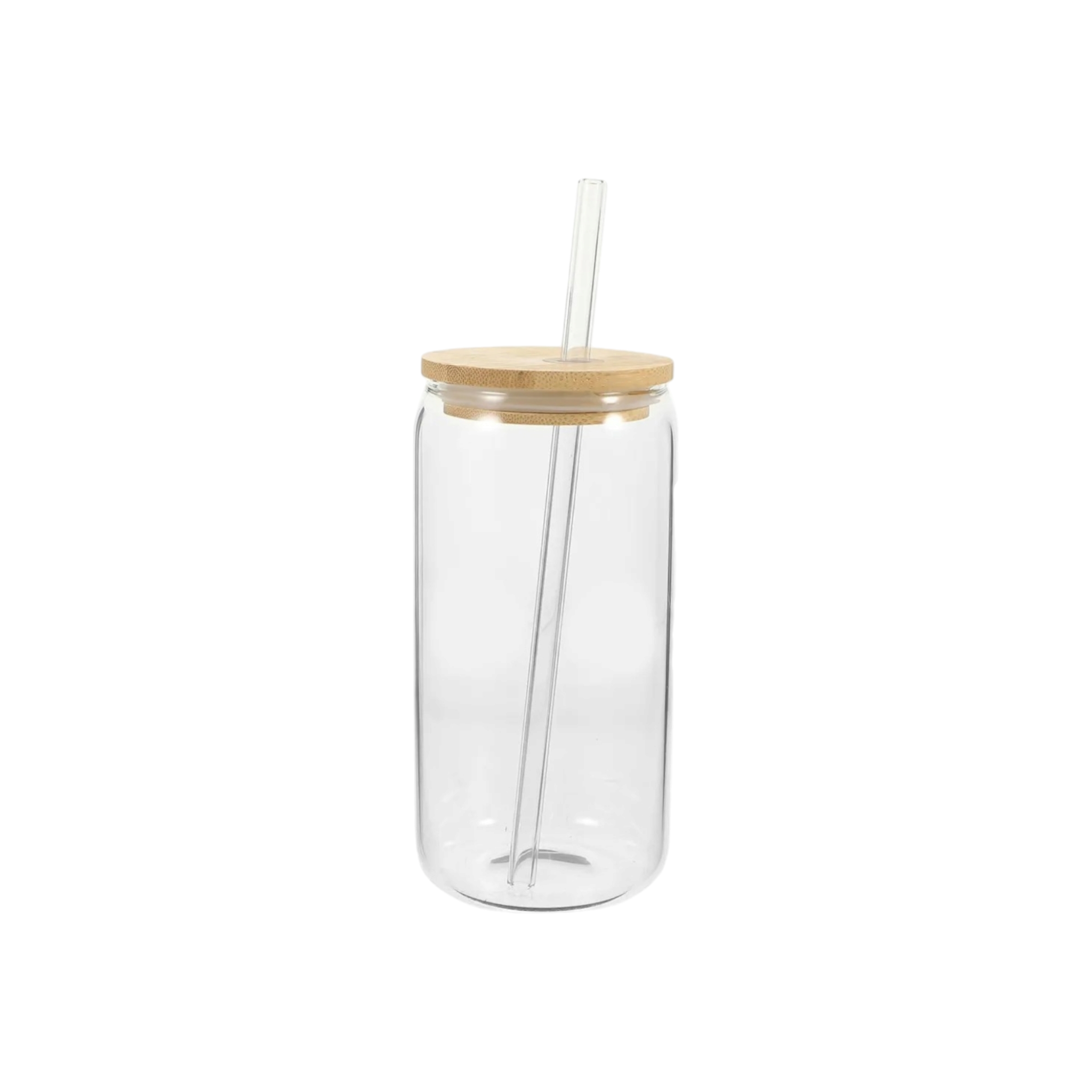 Glass Drinking Can Bottle with Bamboo Lid Corner Hole and Borosilicate Straw