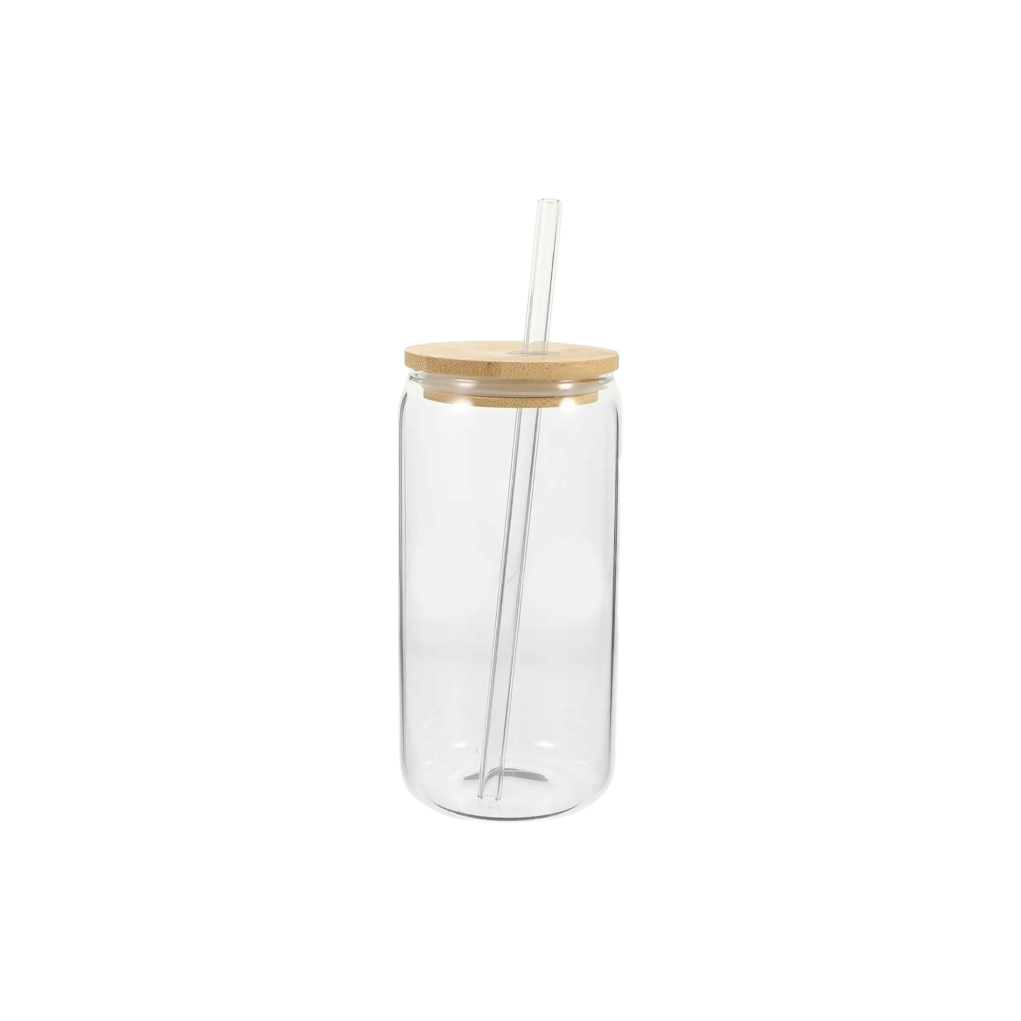 Glass Drinking Can Bottle with Bamboo Lid Corner Hole and Borosilicate Straw