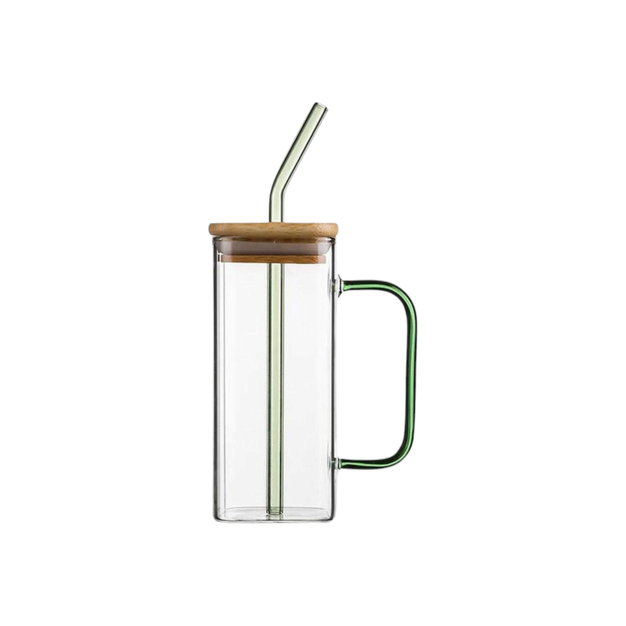 Glass Drinking Mug 350ml Square with Bamboo Lid & Borosilicate Curved Straw