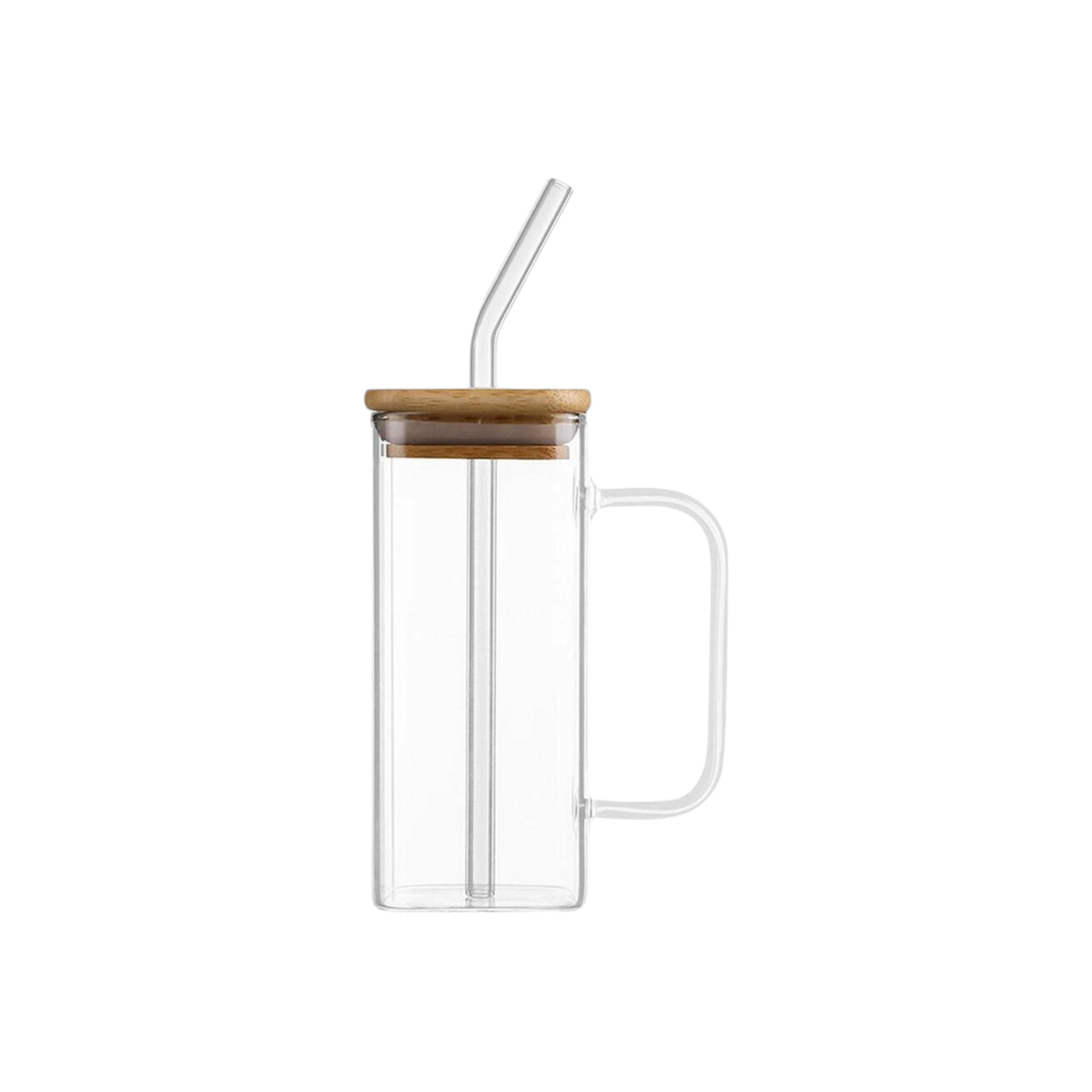 Glass Drinking Mug 350ml Square with Bamboo Lid & Borosilicate Curved Straw