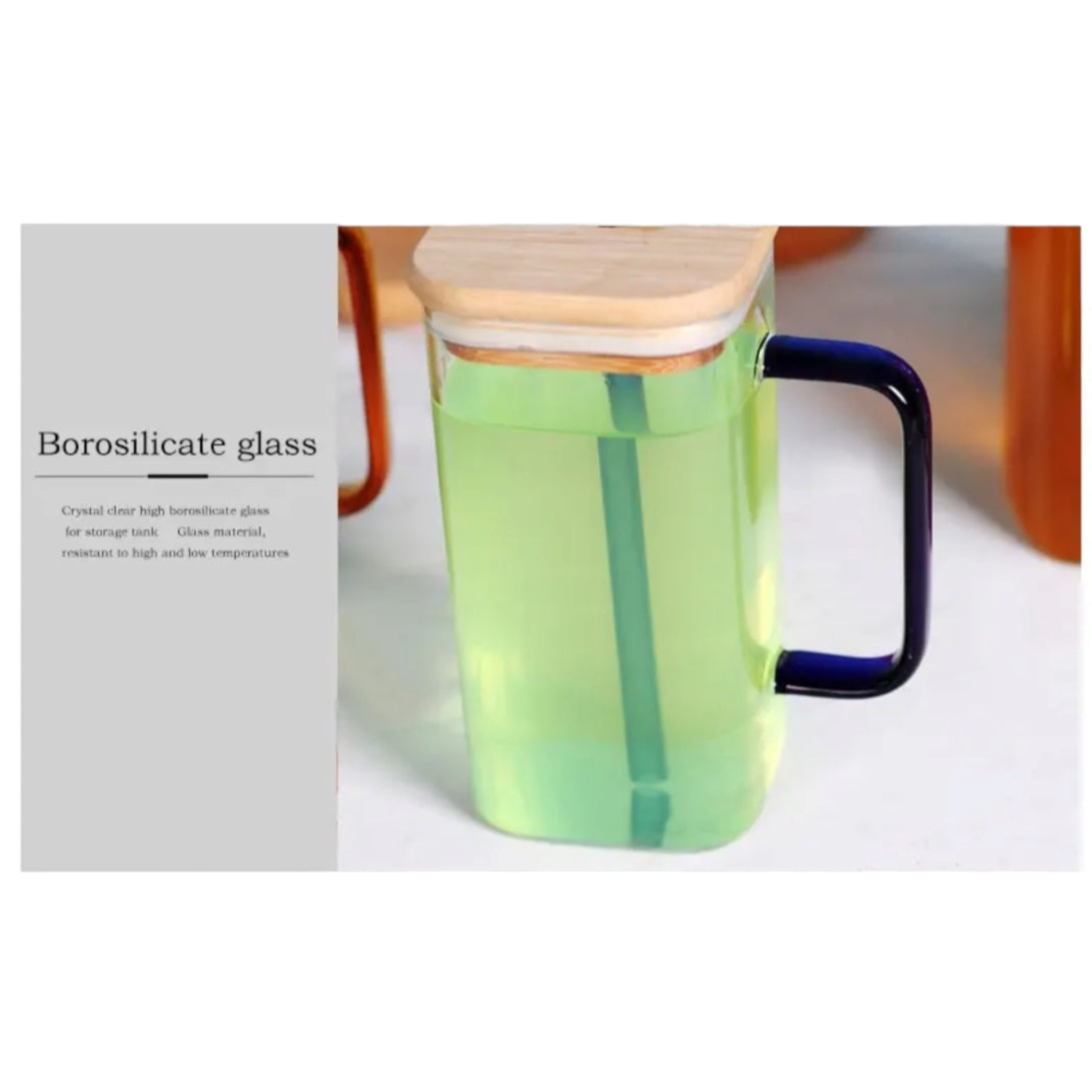 Glass Drinking Mug 350ml Square with Bamboo Lid & Borosilicate Curved Straw