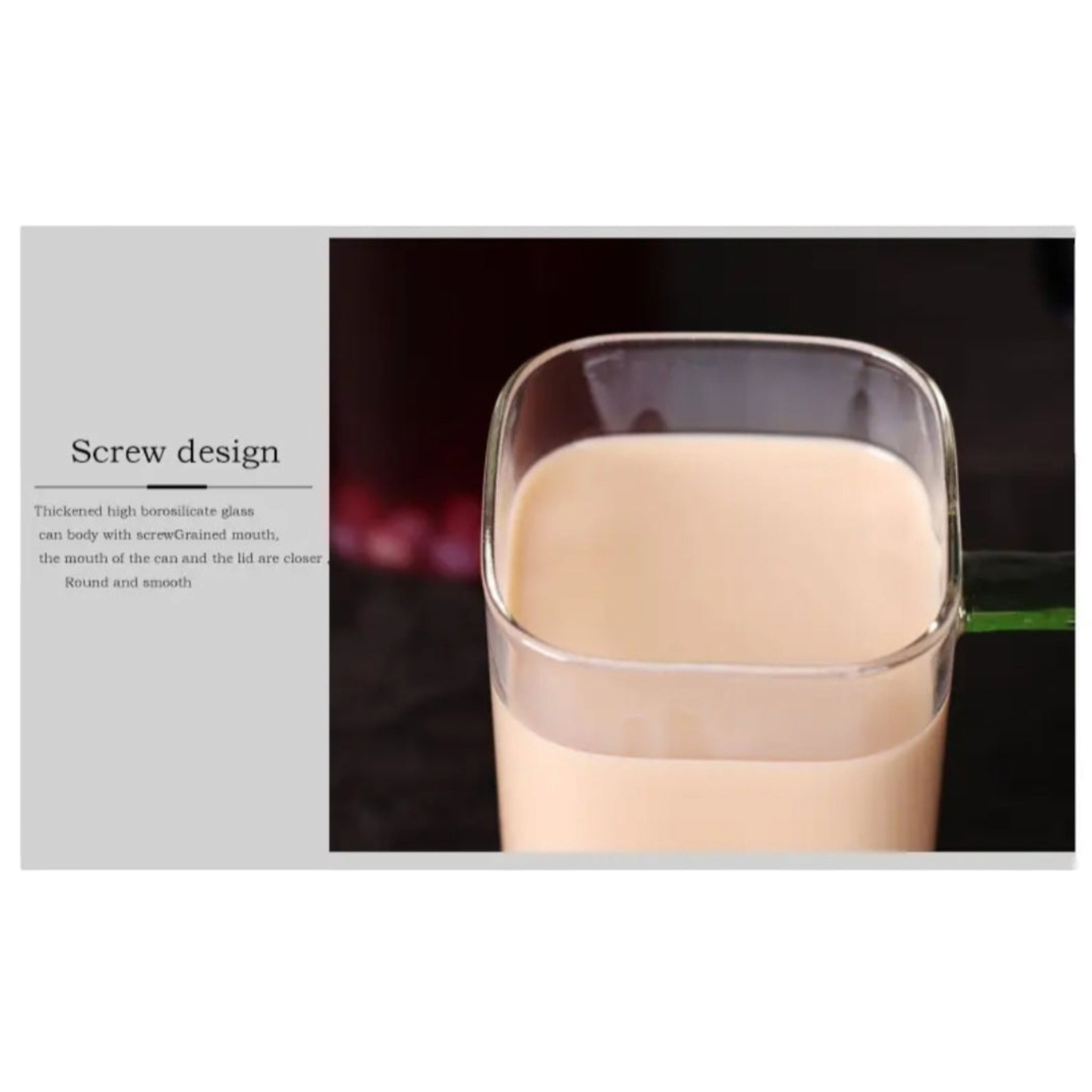 Glass Drinking Mug 350ml Square with Bamboo Lid & Borosilicate Curved Straw