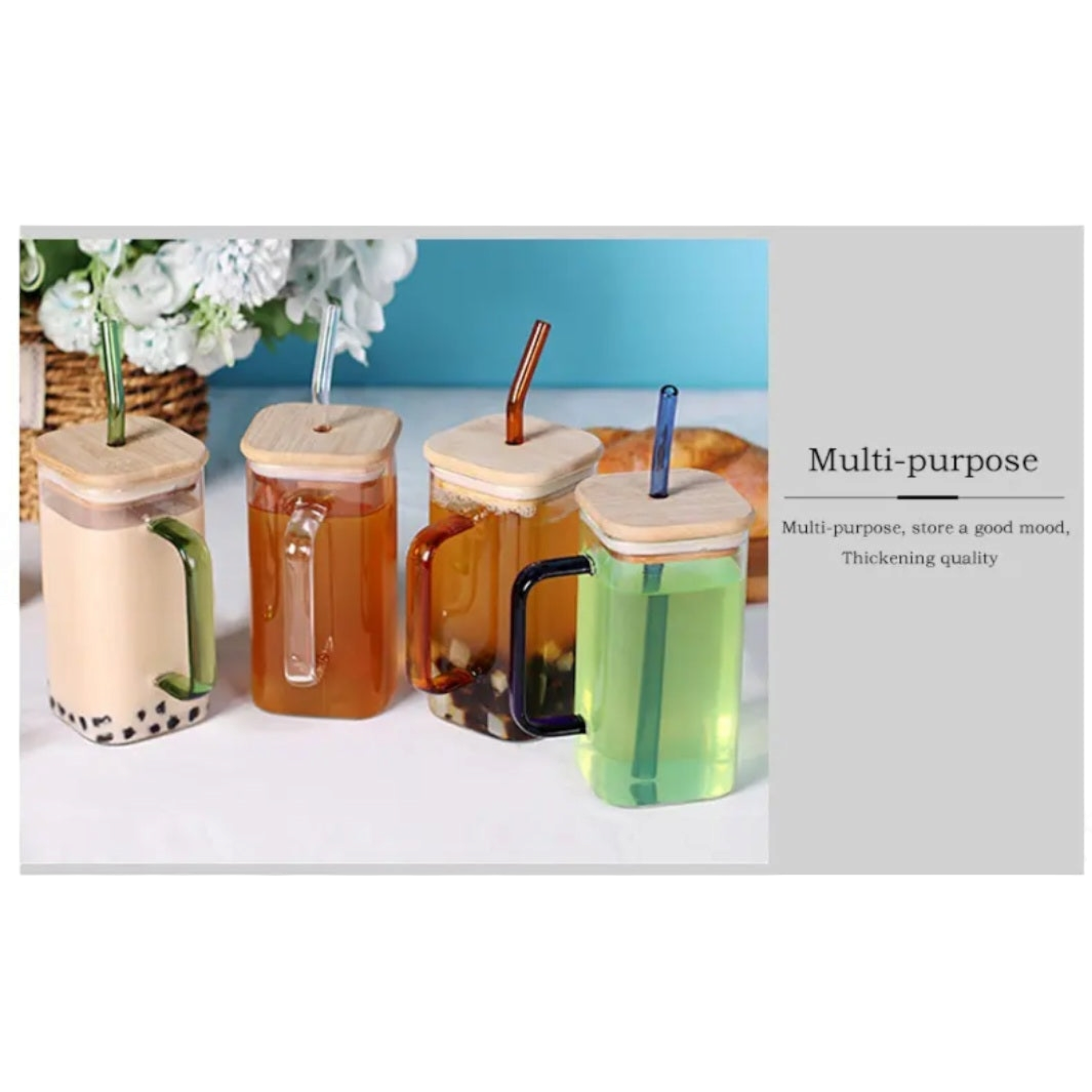 Glass Drinking Mug 350ml Square with Bamboo Lid & Borosilicate Curved Straw