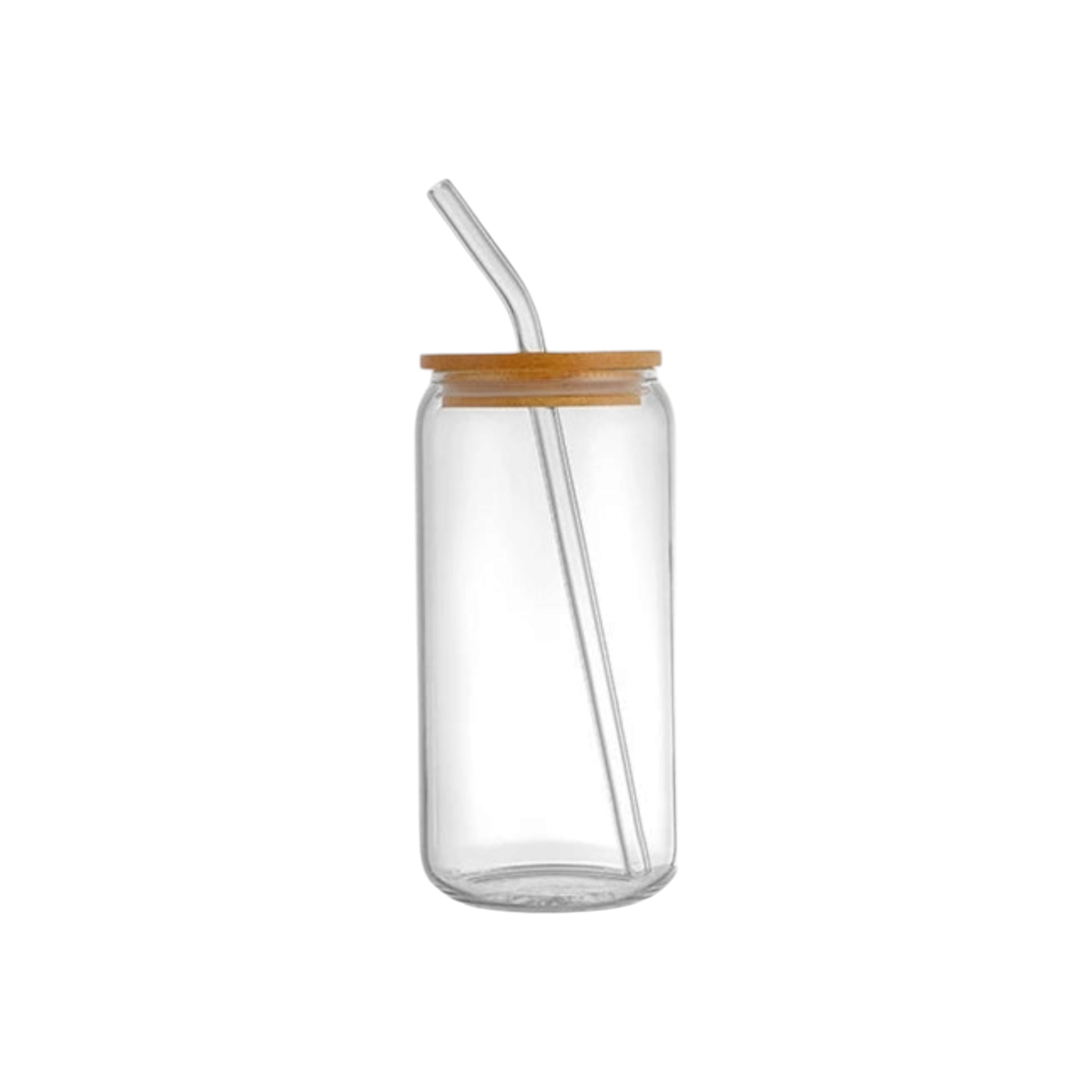 Glass Drinking Can Bottle with Bamboo Lid & Borosilicate Curved Straw