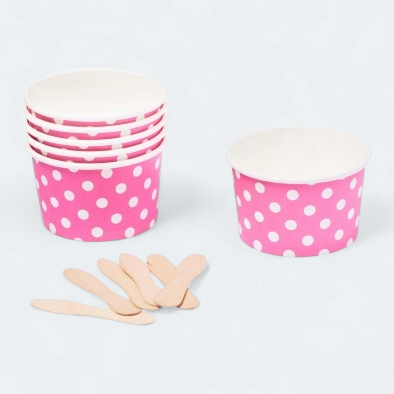 Ice Cream Paper Cups 180ml Polka Dot with Wooden Spoon 6pack