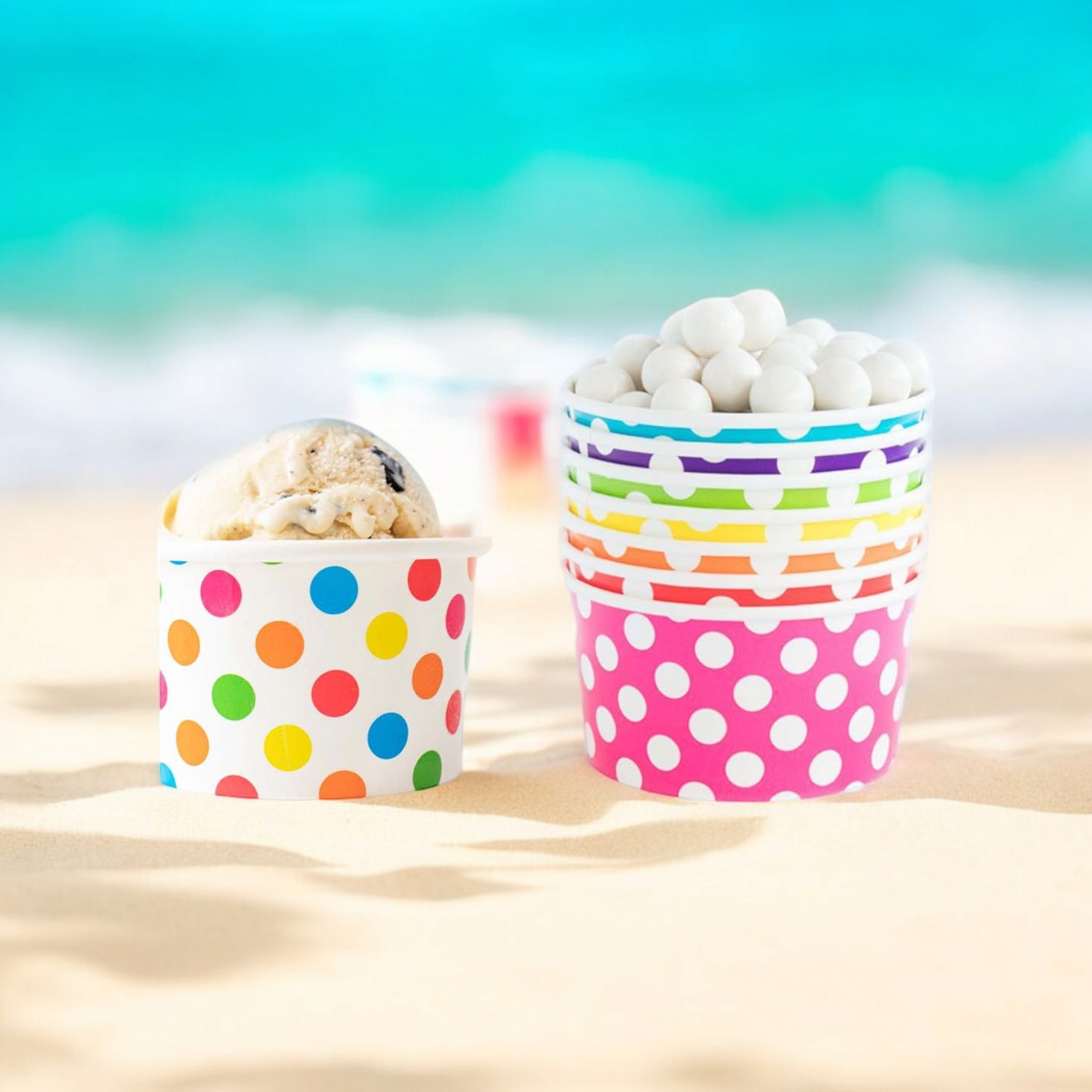 Ice Cream Paper Cups 180ml Polka Dot with Wooden Spoon 6pack